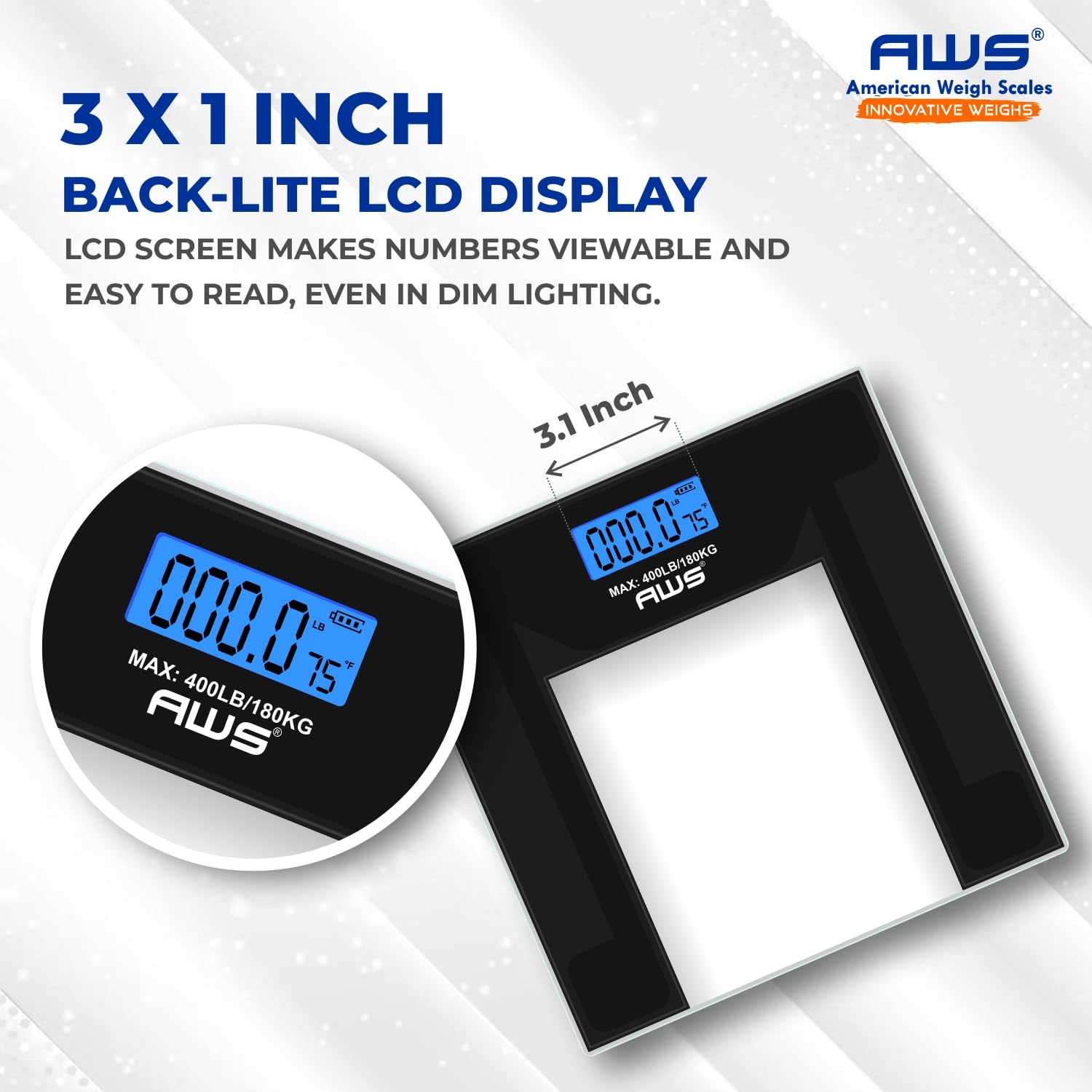 AWS - Báscula digital de baño de 400 libras de capacidad, báscula de peso corporal de vidrio templado transparente con pantalla grande, diseño moderno de bajo perfil, alta precisión y tecnología de