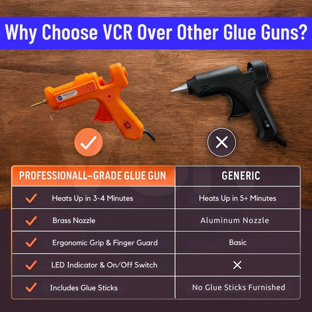 VCR 150W Professional Hot Melt Glue Gun Long Nozzle - Triple Power Rapid Heating Gun with ON/Off Switch for Precise Glue Output - Easy To Use Glue Gun + 5 Transparent - 11mm Glue Sticks - VCR 152 - Image 7 thumbnail