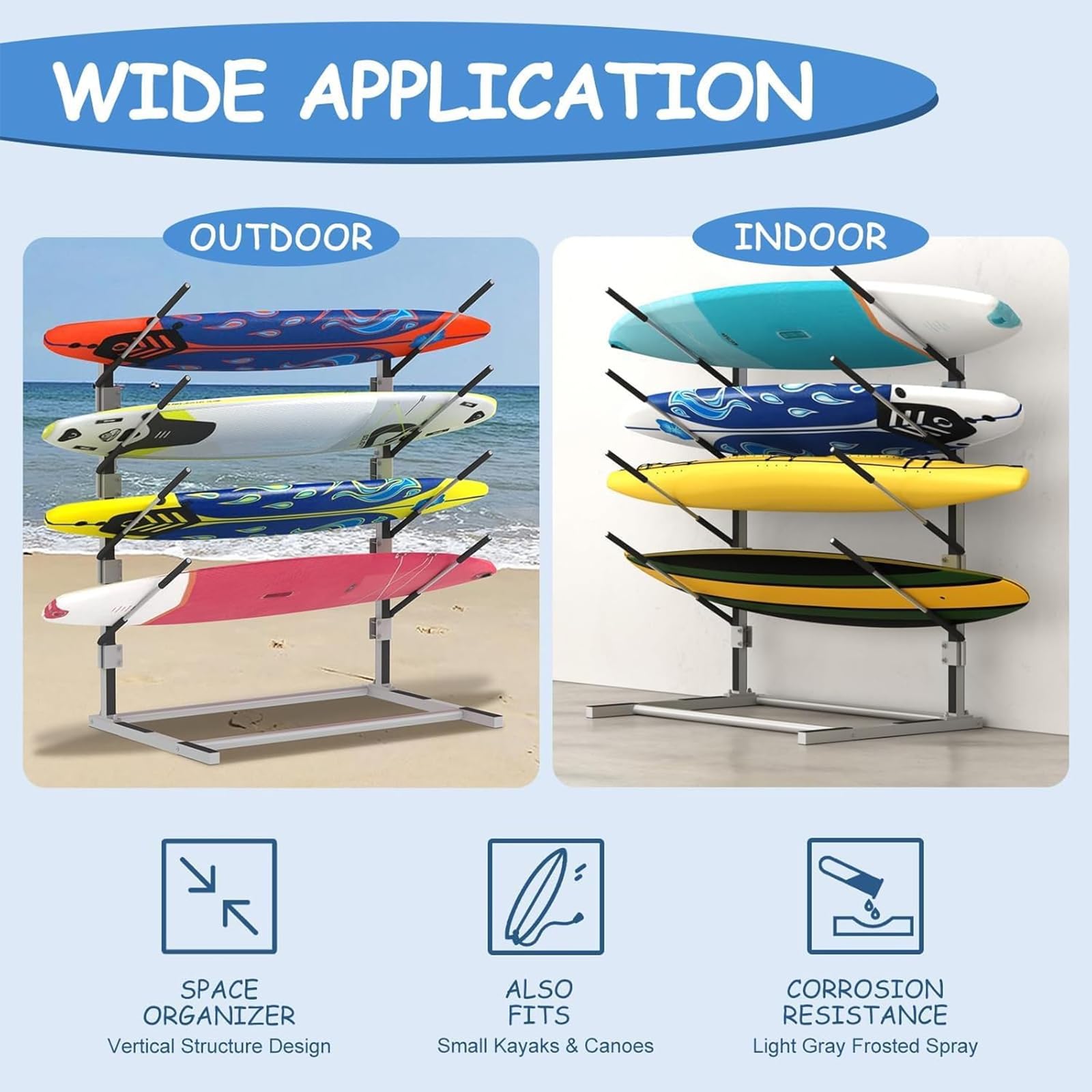 Nisorpa Support de rangement pour kayak à 4 niveaux, support de rangement réglable et autonome pour planche de surf, support de kayak robuste avec tapis en silicone antidérapant et mousse pour