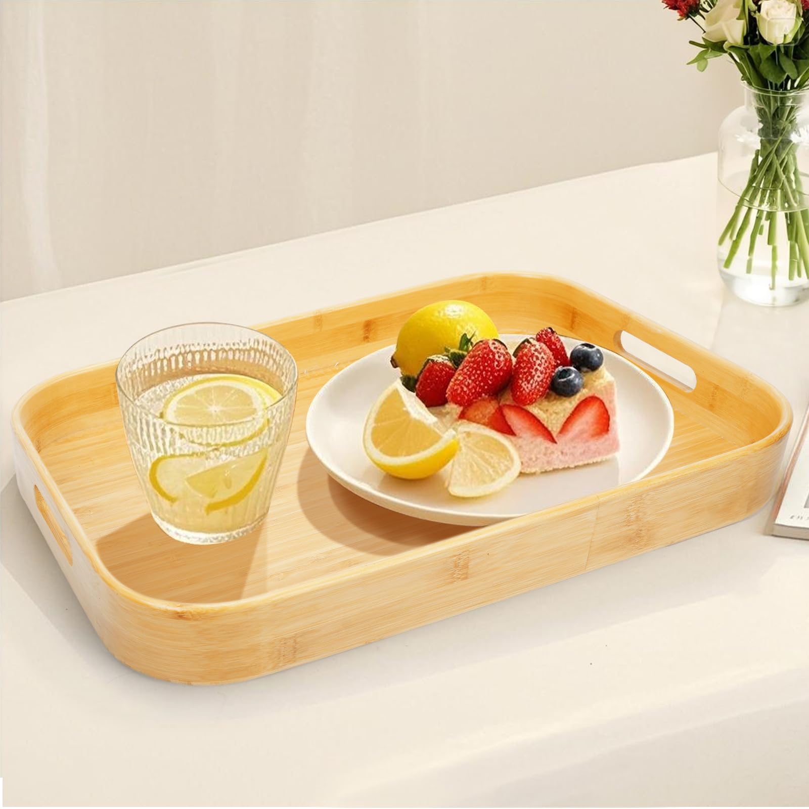Vassoio da Portata in Bambù Con Manici,46x33x5.5 CM,Vassoio in Bambù per Cucina,Vassoio Da Pranzo per Colazione Vassoio Da Portata Per Caffè Vino Caffè Tè Frutta Pasti