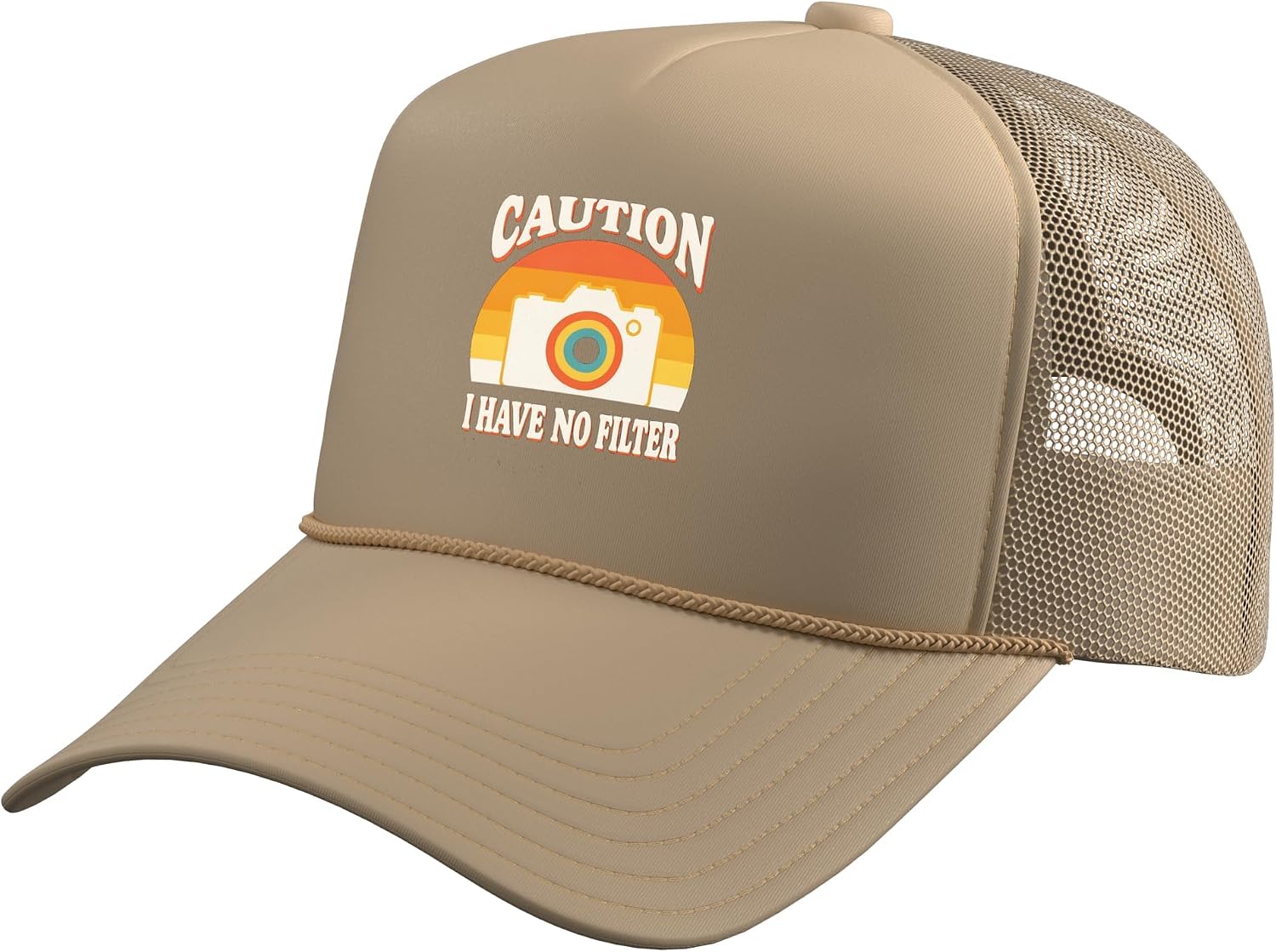 Caution I Have No Filter Retro Vintage Camera Sarcastic Trucker Hat with Adjustable Mesh Back