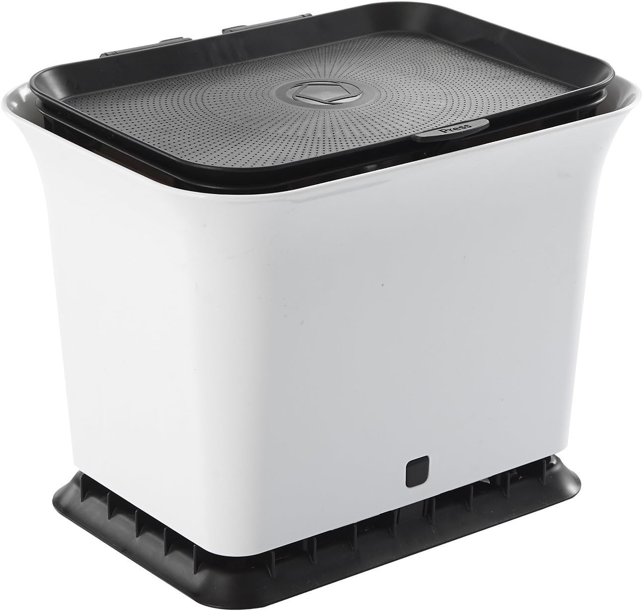 A white and green plastic compost bin with a unique push-button opening mechanism.