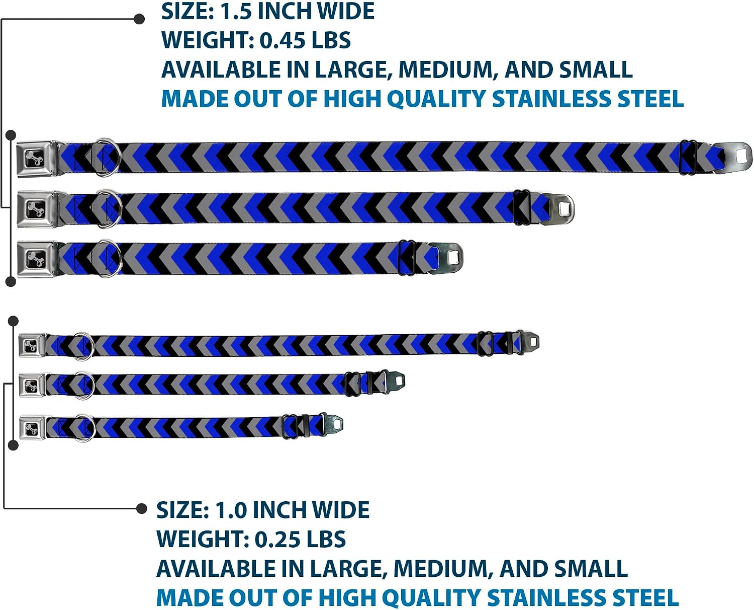 Buckle-Down 16-23" Chevron Blue/Black/Gray Dog Collar Bone, Wide Medium