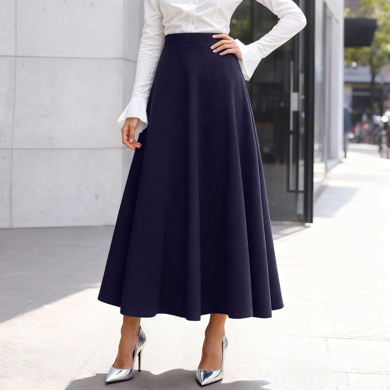 Jupe midi plissée taille haute en tissu mélangé, ligne A, évasée, oscillante, chaude pour l'hiver, structurée, élégante, festive, jupe longue avec poches