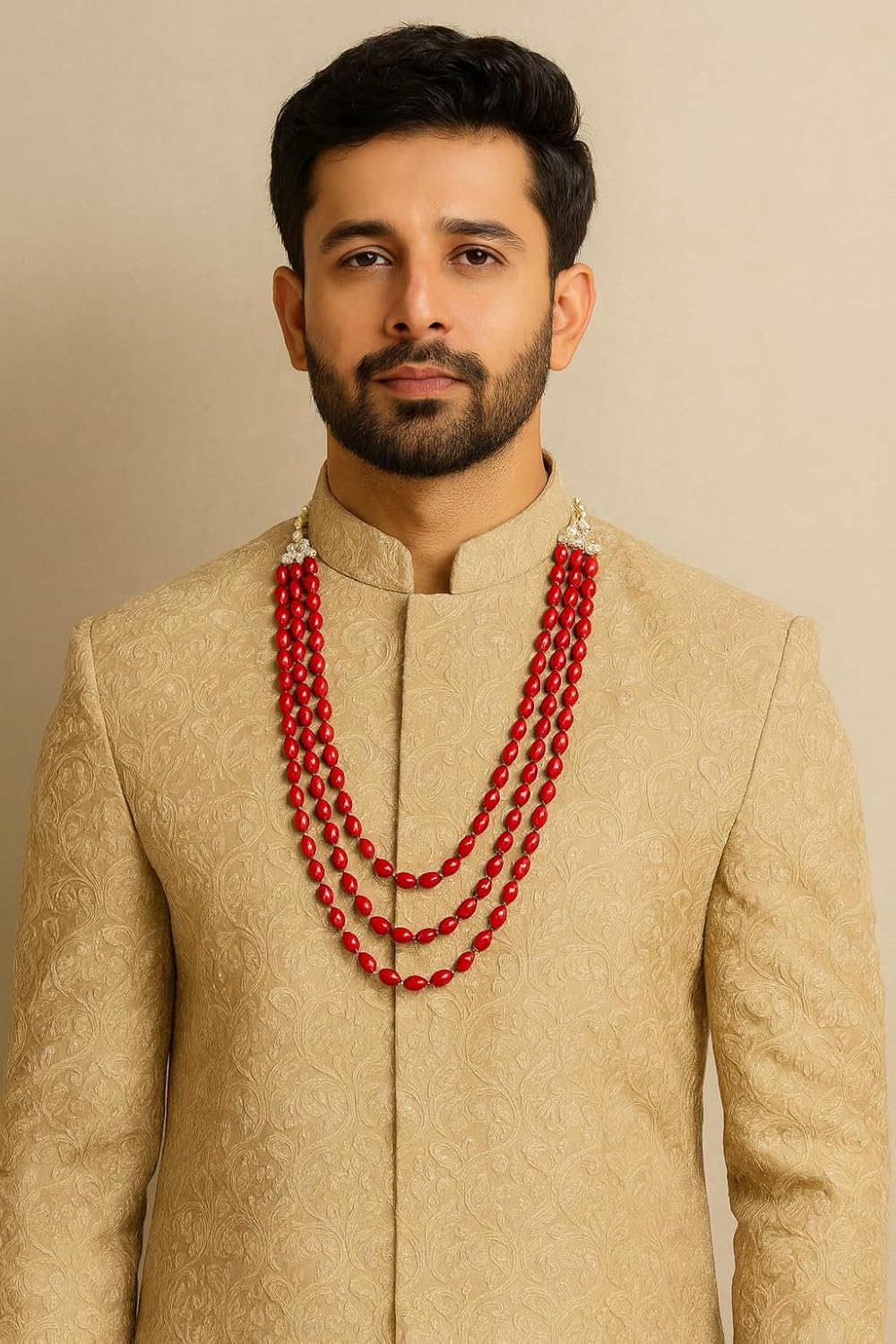 I Jewels Indian Wedding Bollywood 3 Layered Gold Plated Dulha Moti Mala Long Groom Necklace/Mala For Men