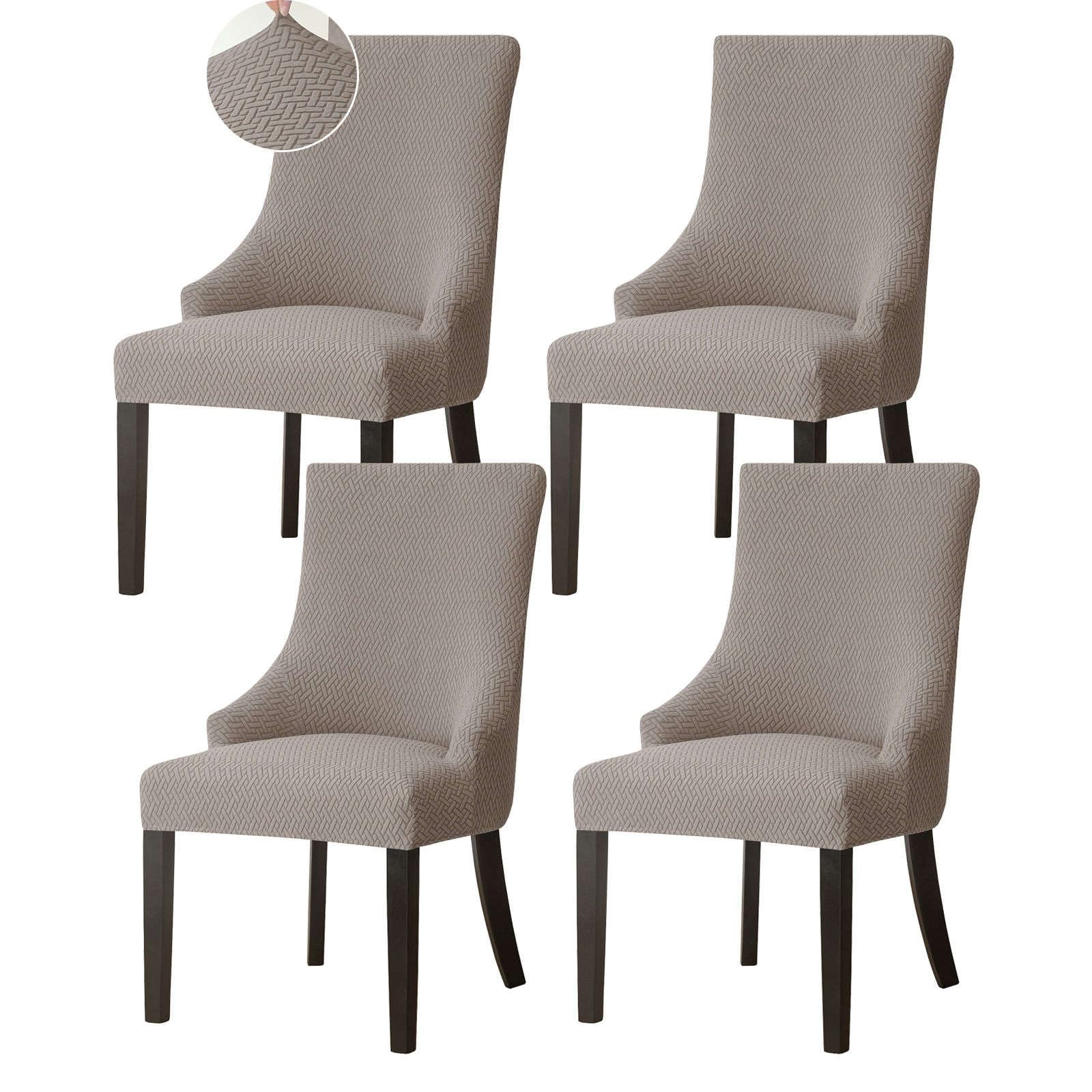 Jhld Khaki Stretch Wingback Side Chair Slipcover, Jacquard Armless Wingback Chair Cover Removable Washable Soft Spandex Sloping Armchair Covers With Elastic Bottom For Dining Room-4 Piece