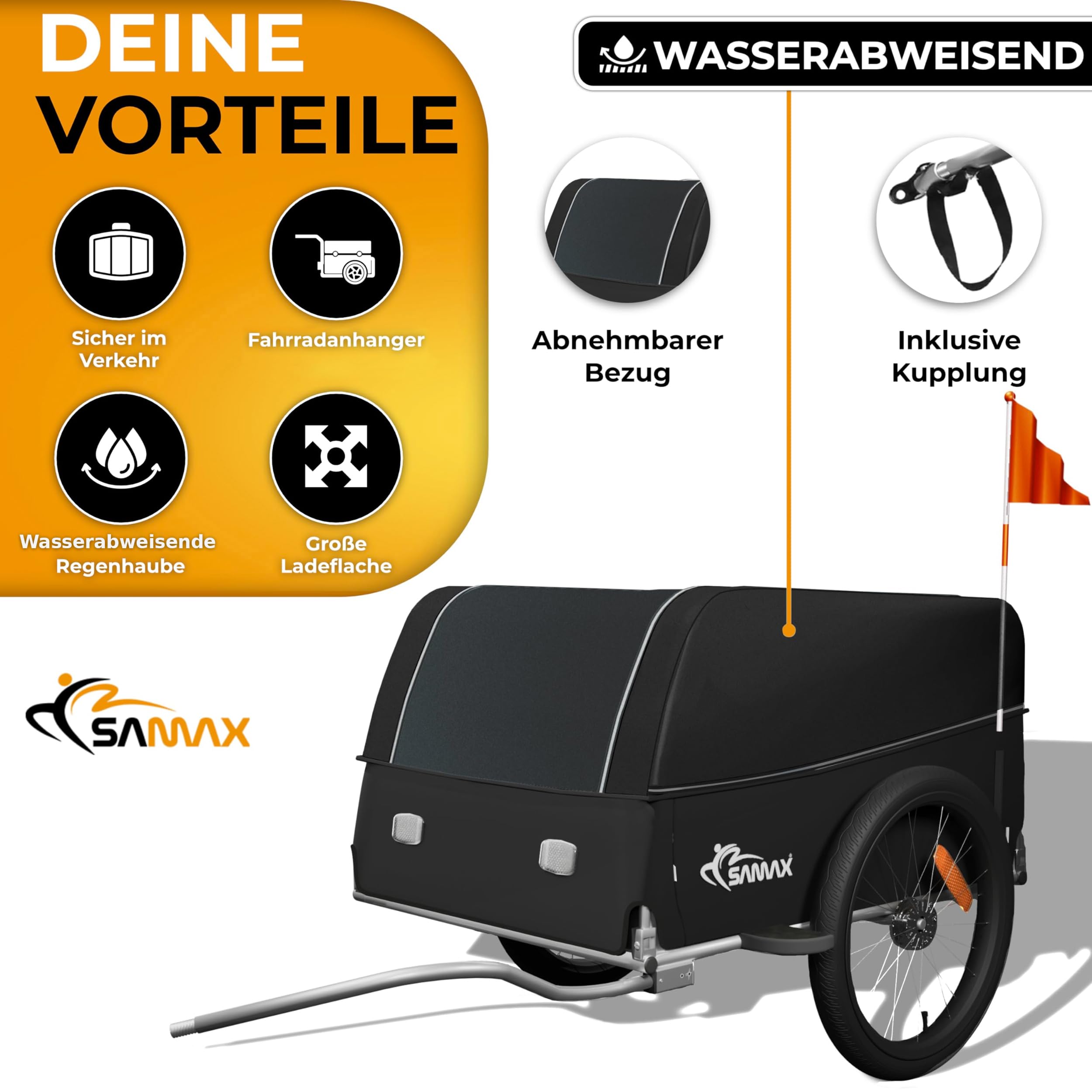 SAMAX Transportanhänger Fahrradanhänger Lastenanhänger Fahrrad Anhänger - mit Kupplung - 40 Kg / 120 Liter - Grey & Color Edition