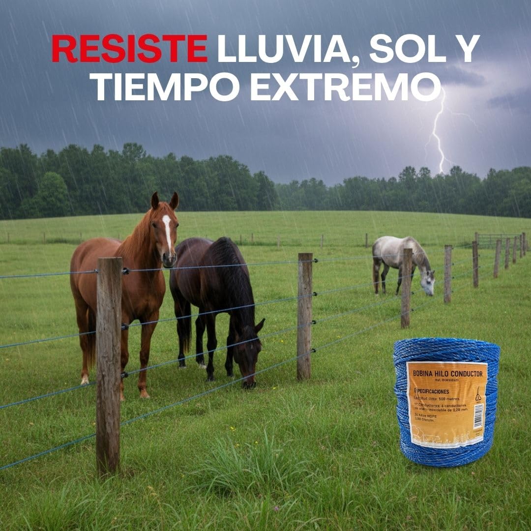 Llampec Hilo Pastor Eléctrico 500 m x 3 mm Azul – Cinta 6 Conductores Acero Inoxidable – Alta Conductividad y Resistencia UV – Cable Valla Eléctrica para Caballos, Vacas y Perros – Bobina Pastor