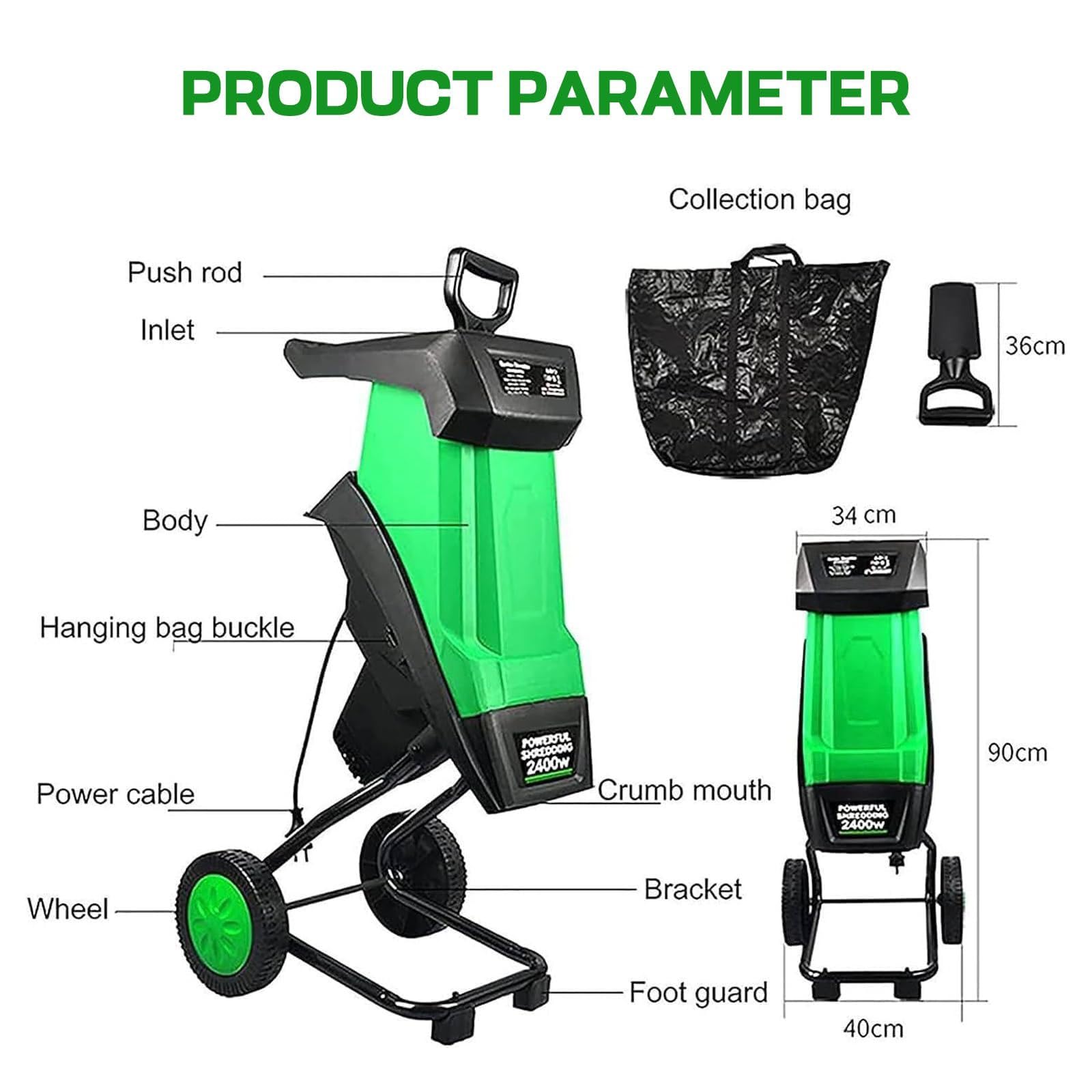 Biotrituradora Eléctrico De 2400w, Rama De Mulcro De Hoja De 4500 Rpm Rama De Compost Con Ruedas Y Bolsa De Escombros De 50l, Astilladora De Madera Multifuncional Para Herramienta De Limpieza
