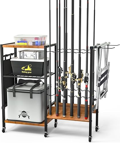 Soportes para caña de pescar y equipo - Organizadores de equipos de pesca, soportes para caña de pescar con ruedas de hasta 12 cañas de pescar, para