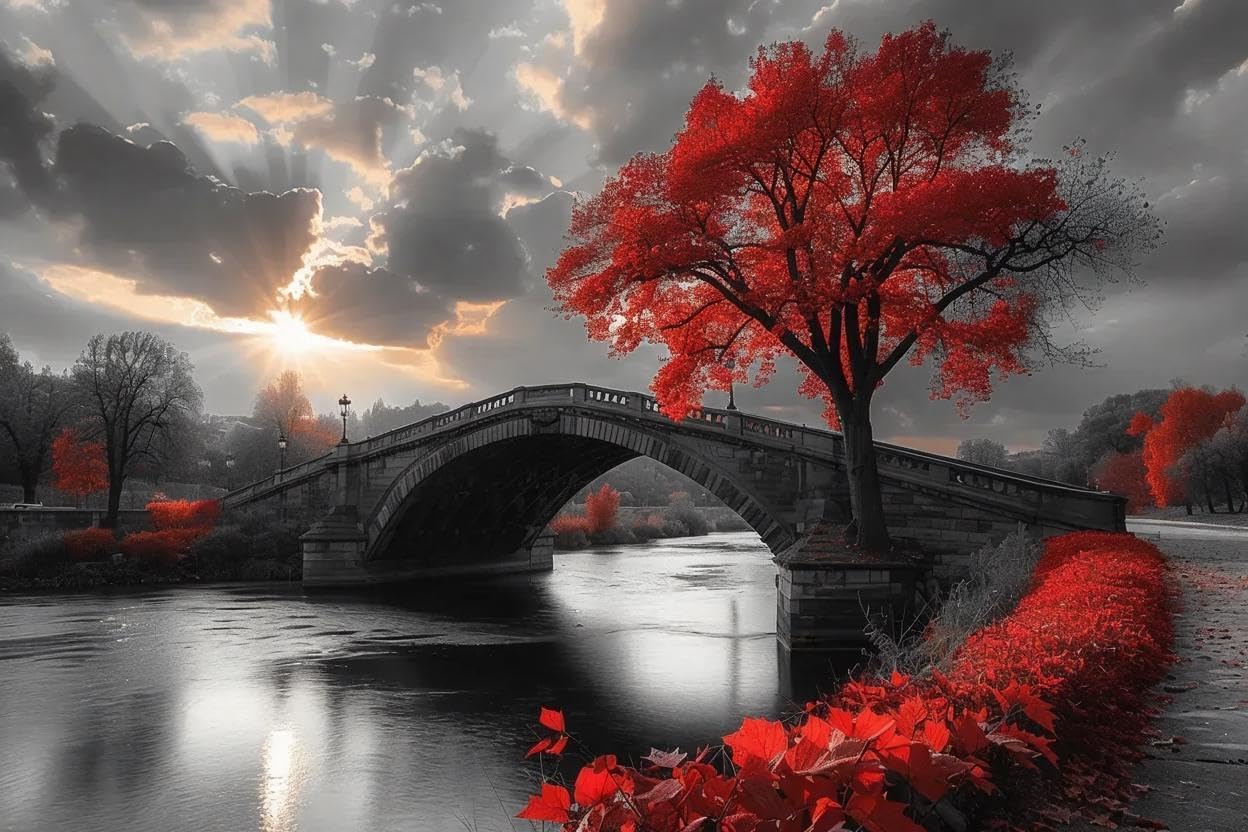 Fun Jigsaw Puzzle for Adults 1000 Pieces Black and White Bridge and Red Tree Wall Art Wooden Puzzles Best Brain Exercises Educational Gift Home Decor