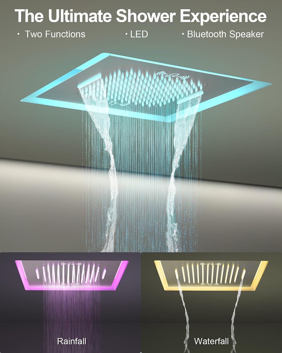 Bathroom LED Music Shower System: Aposhion 64 Color LED 20" Rainfall & Waterfall Shower Head and 10" Shower Head with Handheld Sprayer, Ceiling Mount Thermostatic Shower Faucets Set, Brushed Nickel