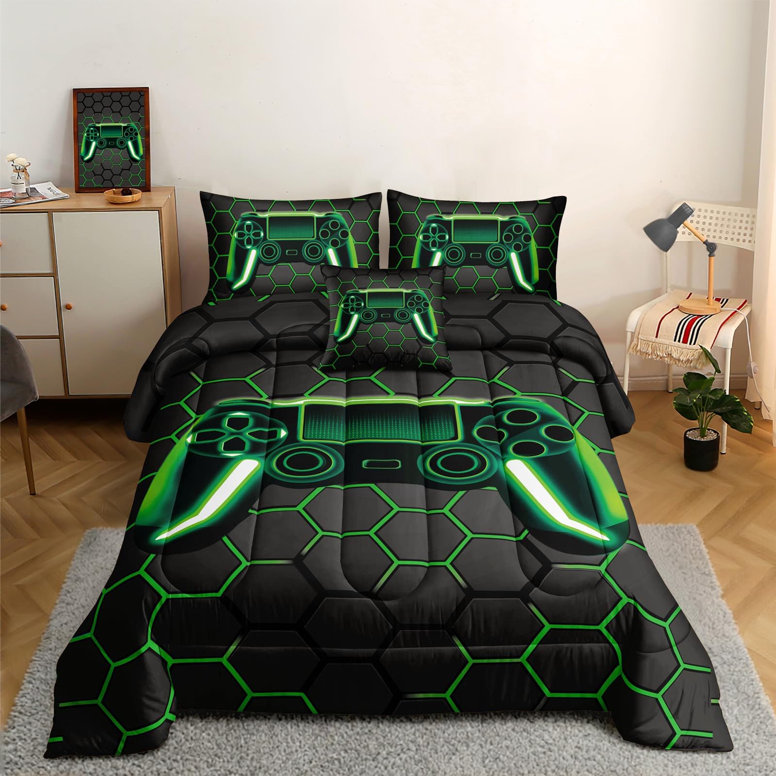 ROWADALO 5 Pieces Gaming Bedding Set for Boys Gamer Comforter Set Twin Size,Video Game Comforter for Kids Teen 3D Gaming Geometric Microfiber Bedding