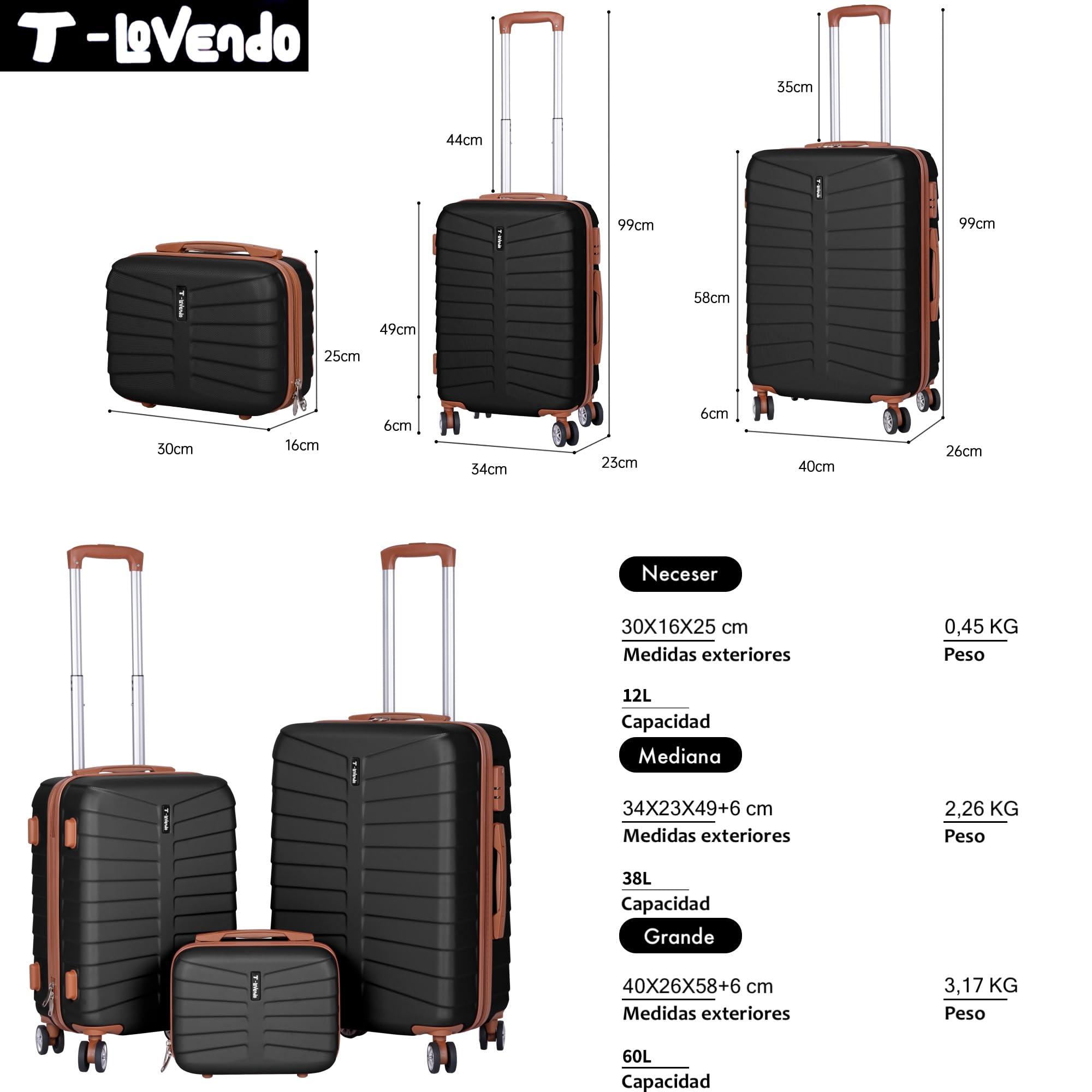 Juego o Set de 3 Maletas de Viaje - 4 Ruedas Dobles giratorias - Neceser - Maleta de Cabina - Equipaje de Mano - Cerradura TSA - Ligeras - ABS - Ryanair - Resistentes - Ligeras - Asa telescópica