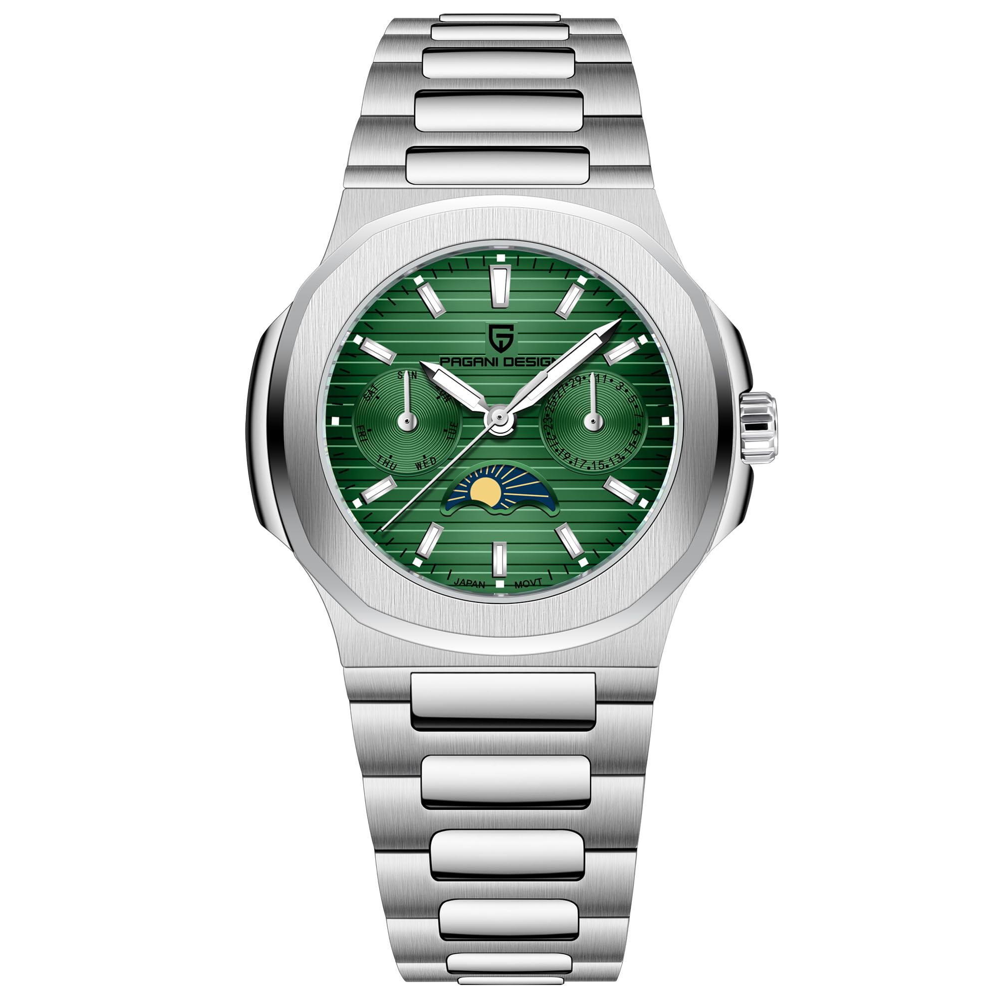 HaiQinPagani Design Luxury Women's Quartz Watch Multifunctional Chronograph Moon Phase VX3H Movement Full Stainless Steel Waterproof Luminous Elegant Lady Sport Wristwatch