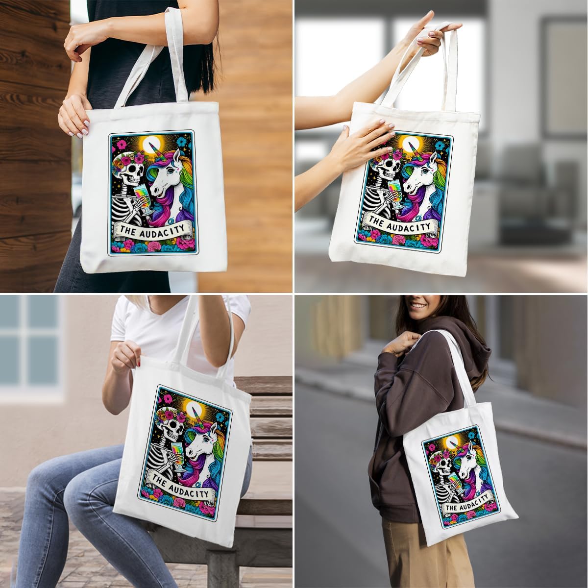 Decohim Funny Skull Tarot Card Sarcastic Canvas Tote Bag Witchy Gifts for Women Grocery Bags for Halloween Birthday image 5