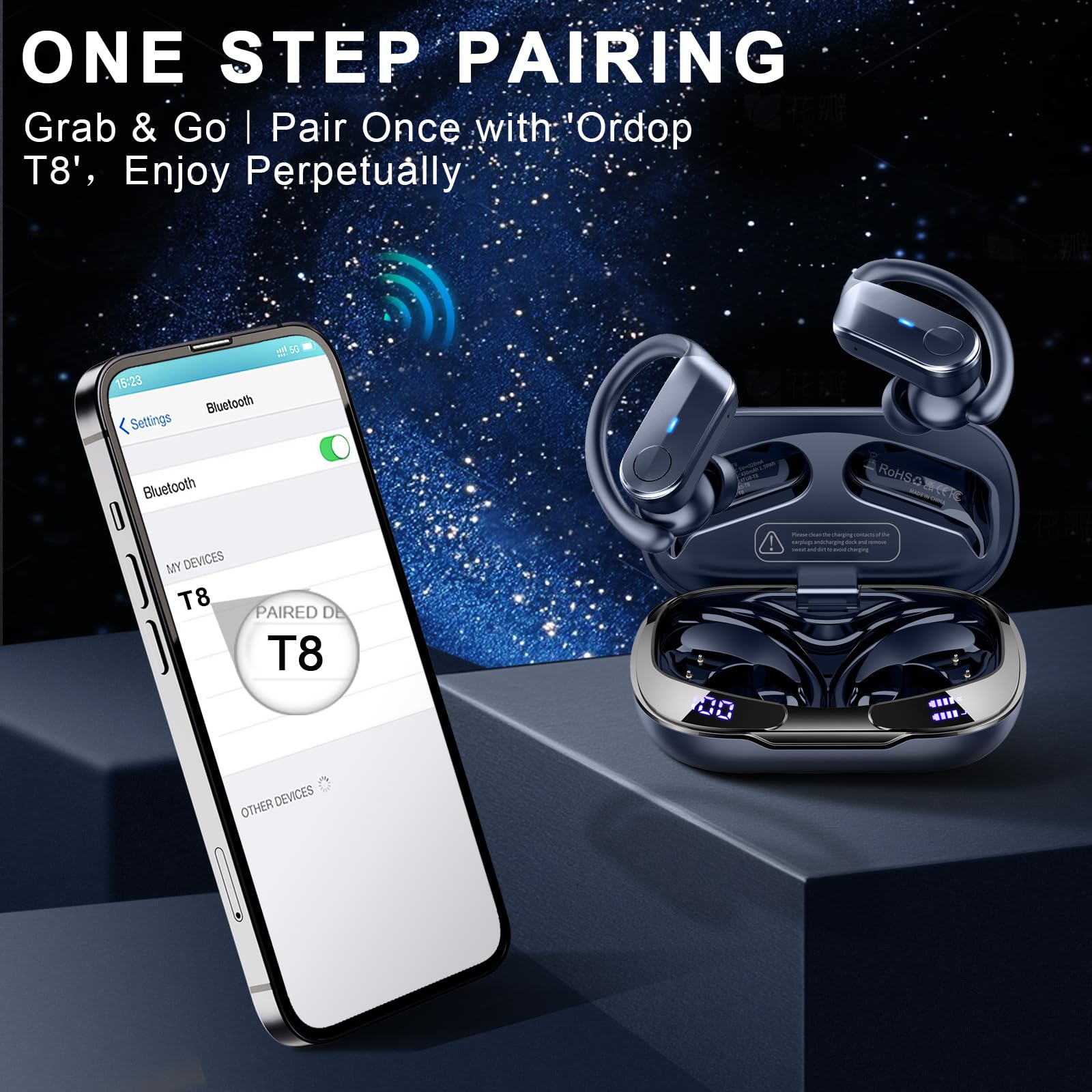 Cuffie Bluetooth sportive, 70 ore, in-ear, Bluetooth 5.4, HiFi stereo bassi profondi, senza fili, con 4 microfoni antirumore, IPX8, impermeabili, con gancio per le orecchie, indicatore LED, Android