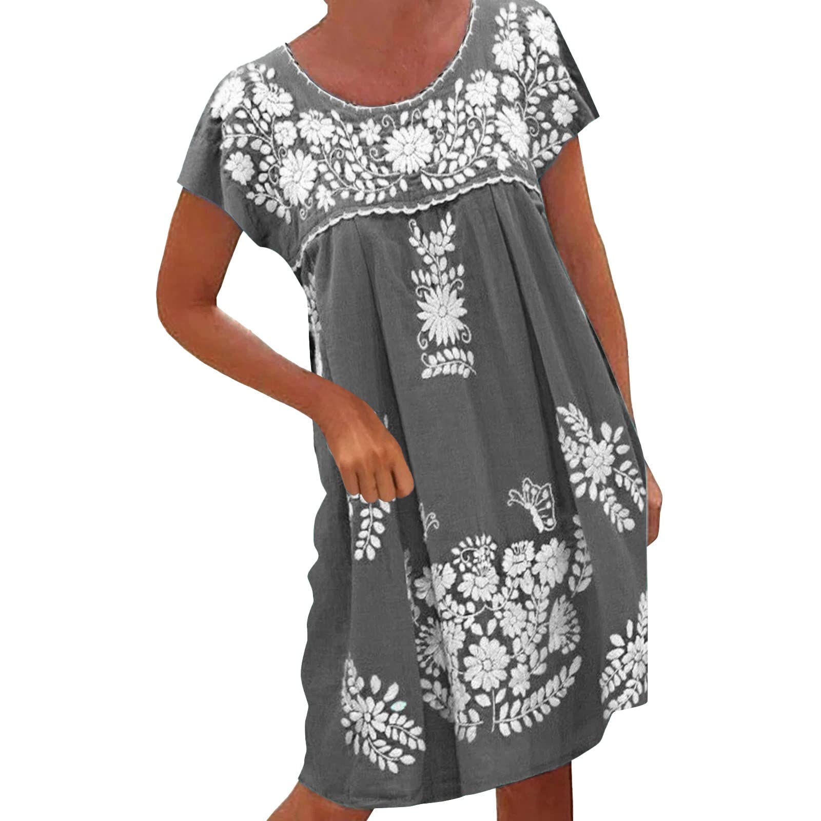 Generic Vestidos casuales para mujer, vestido de verano, playa, vacaciones, bohemio, vestido midi de cuello redondo, vestidos de algodón para la casa