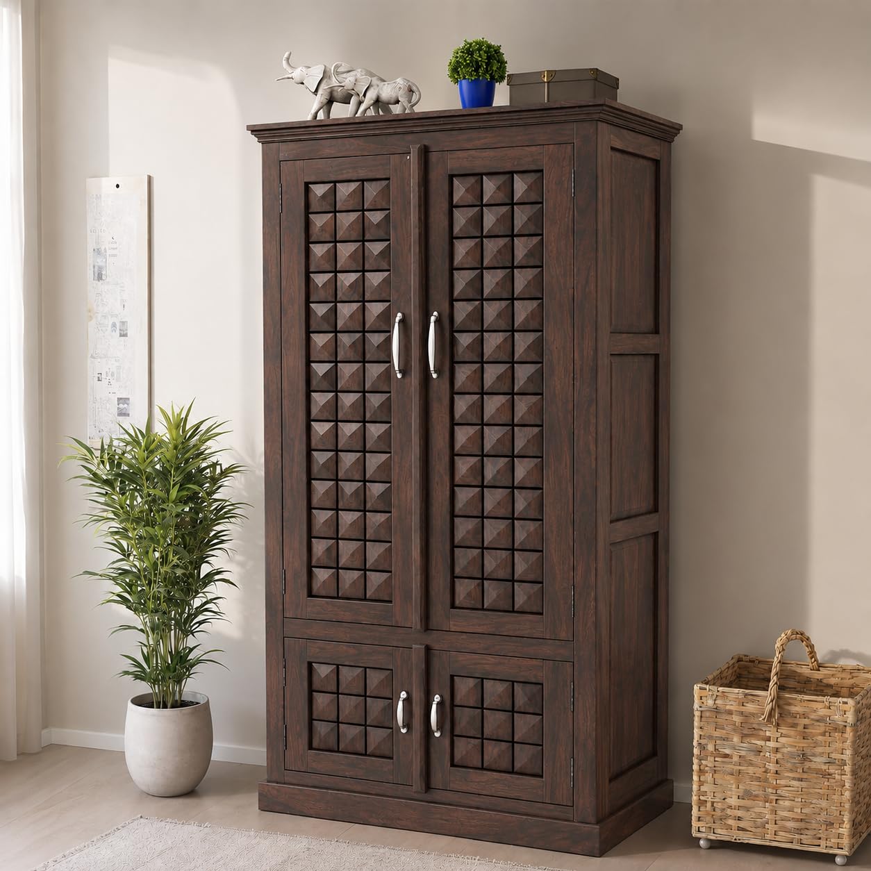 SONA ART & CRAFTS Solid Sheesham Wood Diamond Cut Four Door Almirah/Wardrobe/Cabinet with Storage of Four Shelves and Two Drawers (Dark Walnut Finish)-image-37