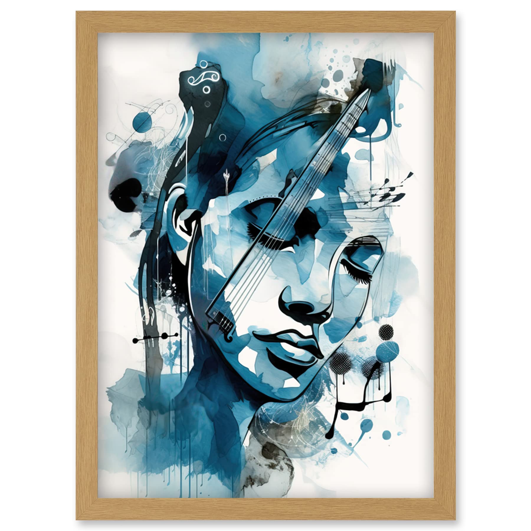 Artery8 Melody Muse a Musician's Vision in Midnight Blue Modern Watercolour Painting Artwork Framed Wall Art Print A4