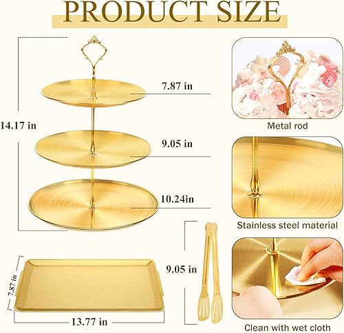 Miniatura 4 de Juego de 6 soportes dorados para cupcakes, juego de exhibición de mesa de postres de acero inoxidable, 2 soportes para pasteles de 3 niveles, 2