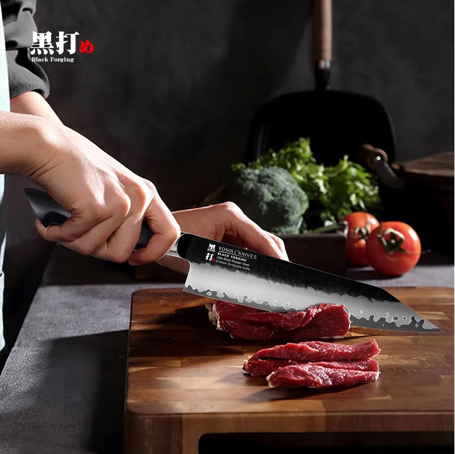 Coltello da Cucina Kiritsuke Forgiato Nero | Acciaio USA BG42 Ultra Affilato | Coltello da Chef Professionale | Design Giapponese | Alta Precisione per Carne, Pesce e Verdure