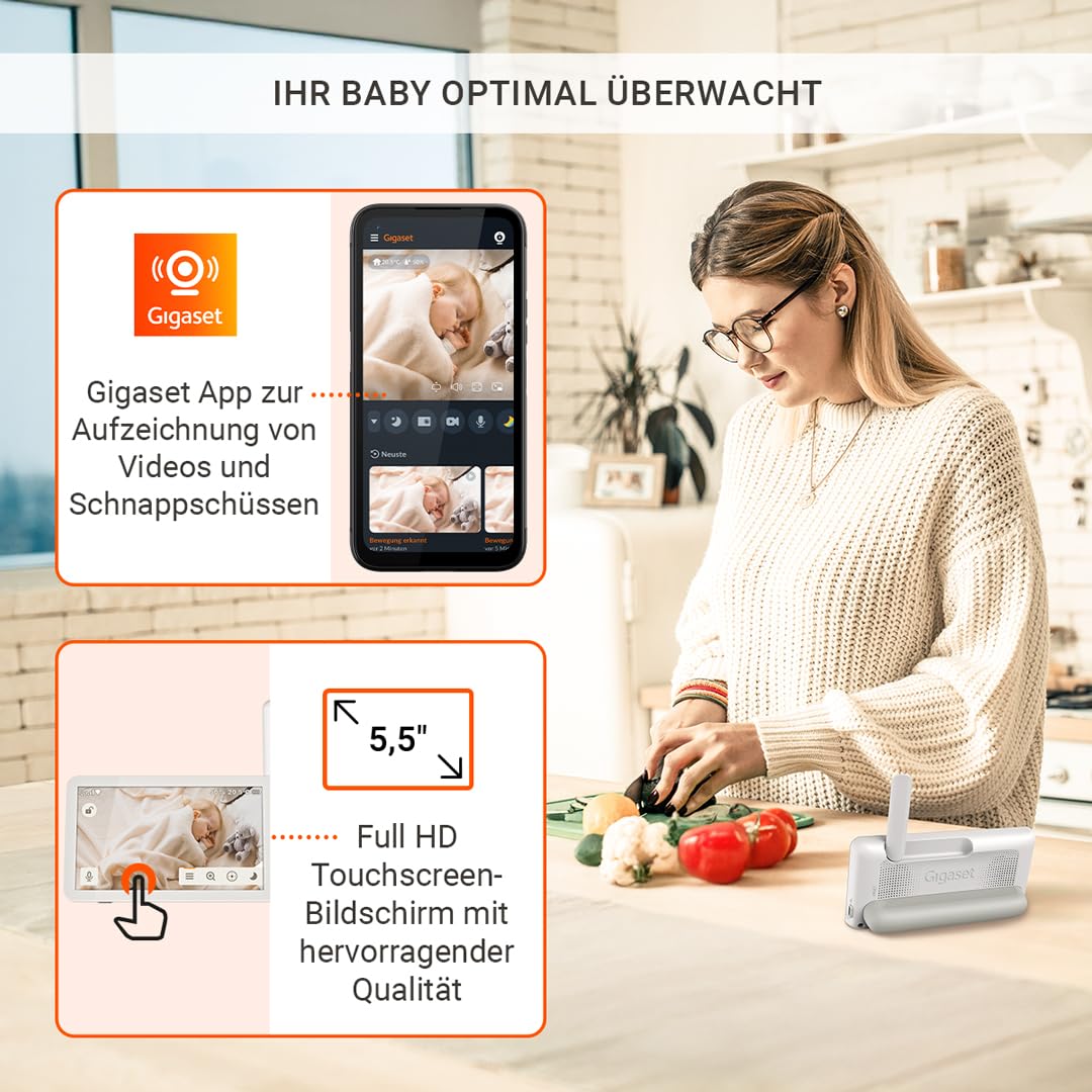 Gigaset Baby 700 Connected–Video-Babyphone mit 5,5"-Full HD-Touchscreen–Sichere FHSS & WLAN Übertragung–Lange Akkulaufzeit-große Reichweite-mit Gigaset App, Cream White/Warm Grey [Deutsche Version]