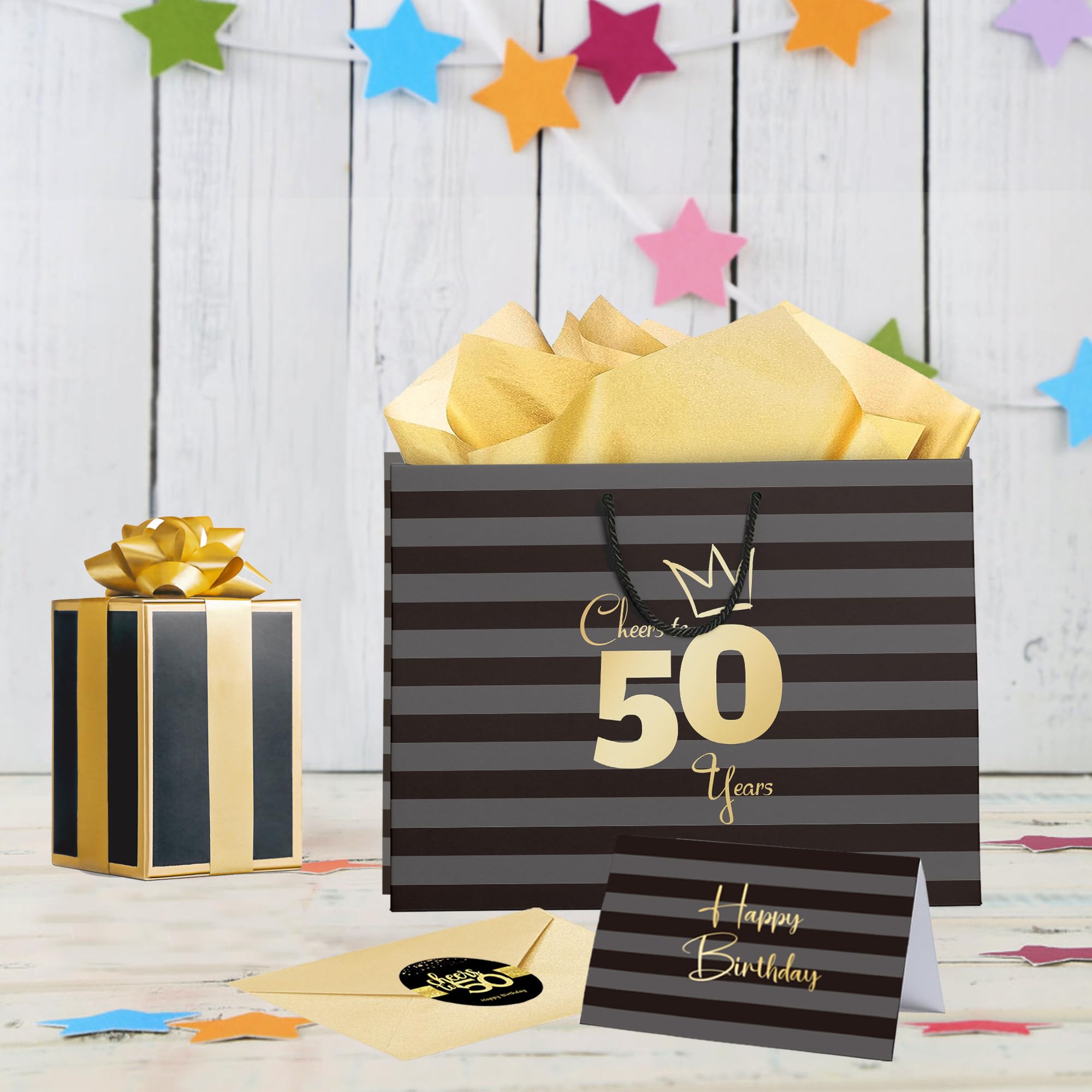 Peconal 50th Anniversary Paper Gift Bag - Black Gold Party Favor Bag For Celebrations