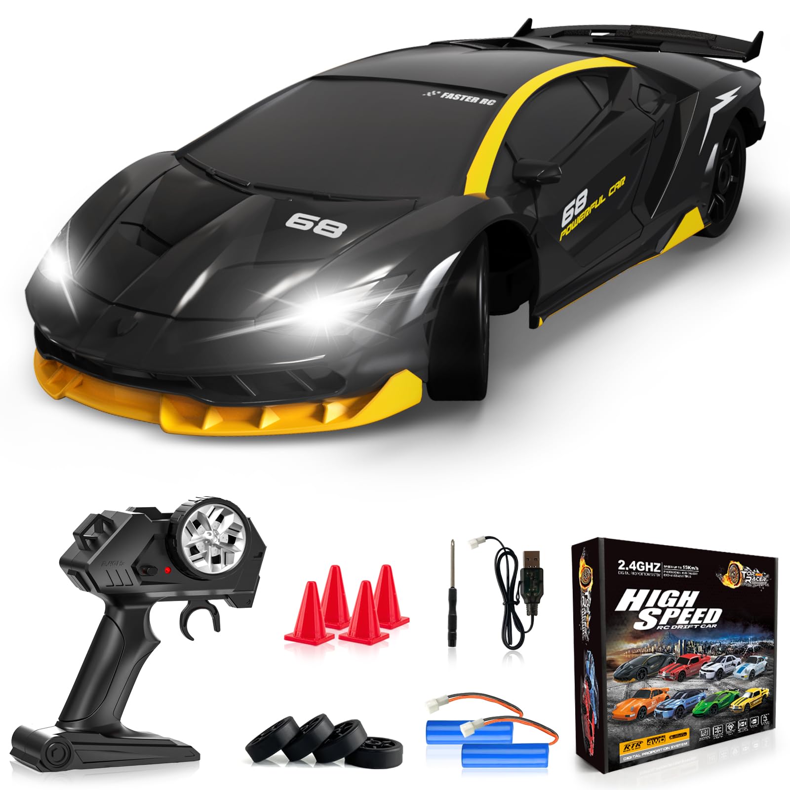 RC Drift Car Remote Control Car 2.4GHz 1/24 4WD 15KM/H High Speed Racing Sport with LED Lights Drifting Tire Toy for Adults Boys Girls Kids Gift 2Pcs Rechargeable Batteries