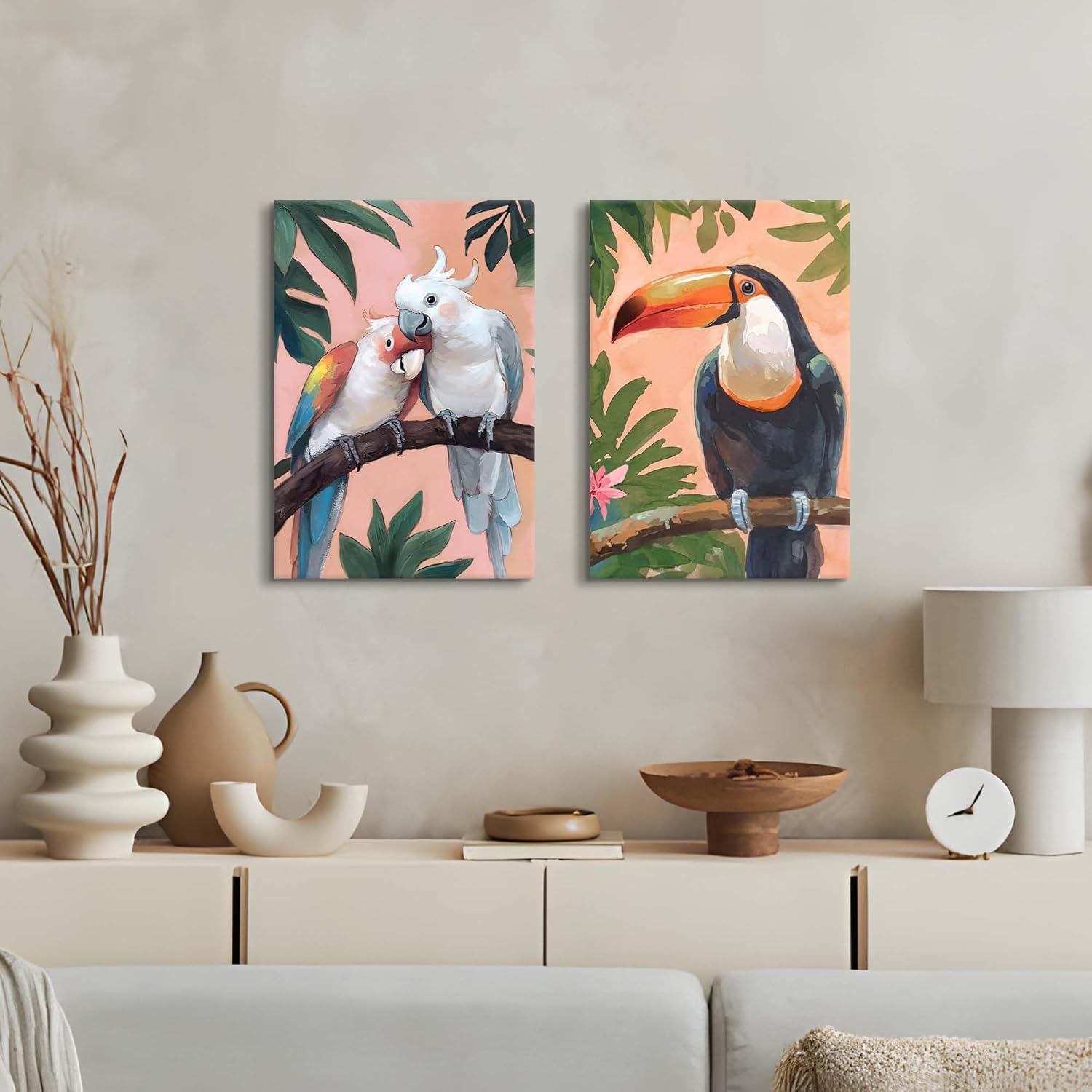 TAR TAR STUDIO Parrots & Toucan on Branch Canvas Wall Art Set - Ideal for Bedroom, Living Room, Office Decor 16"x11" 2 Panels