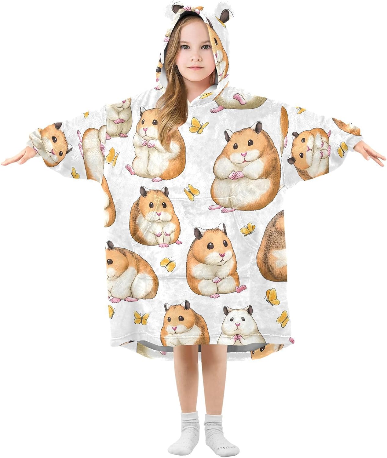 CEBUGI Cute Hamsters Wearable Blanket for Kids Blanket Hoodie with Kangaroo Pocket for Boys Girls age 3-14,S