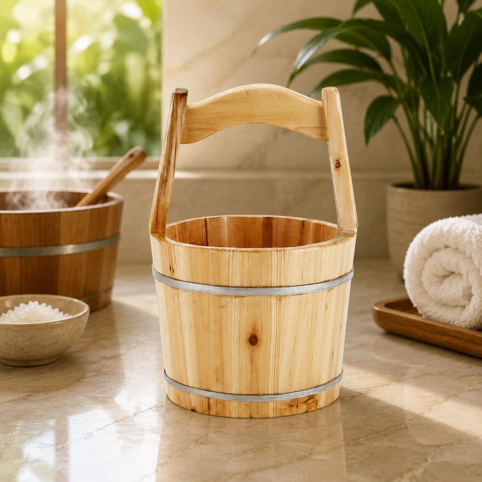 Generic Vasca da Bagno per Piedi in Legno Secchio da Sauna Contenitore da Acqua Manico Solido Materiale Legno di Abete Robusto Adatta per Sauna Casa Relax Benessere, Extra Grande Capacità 42 Libbre