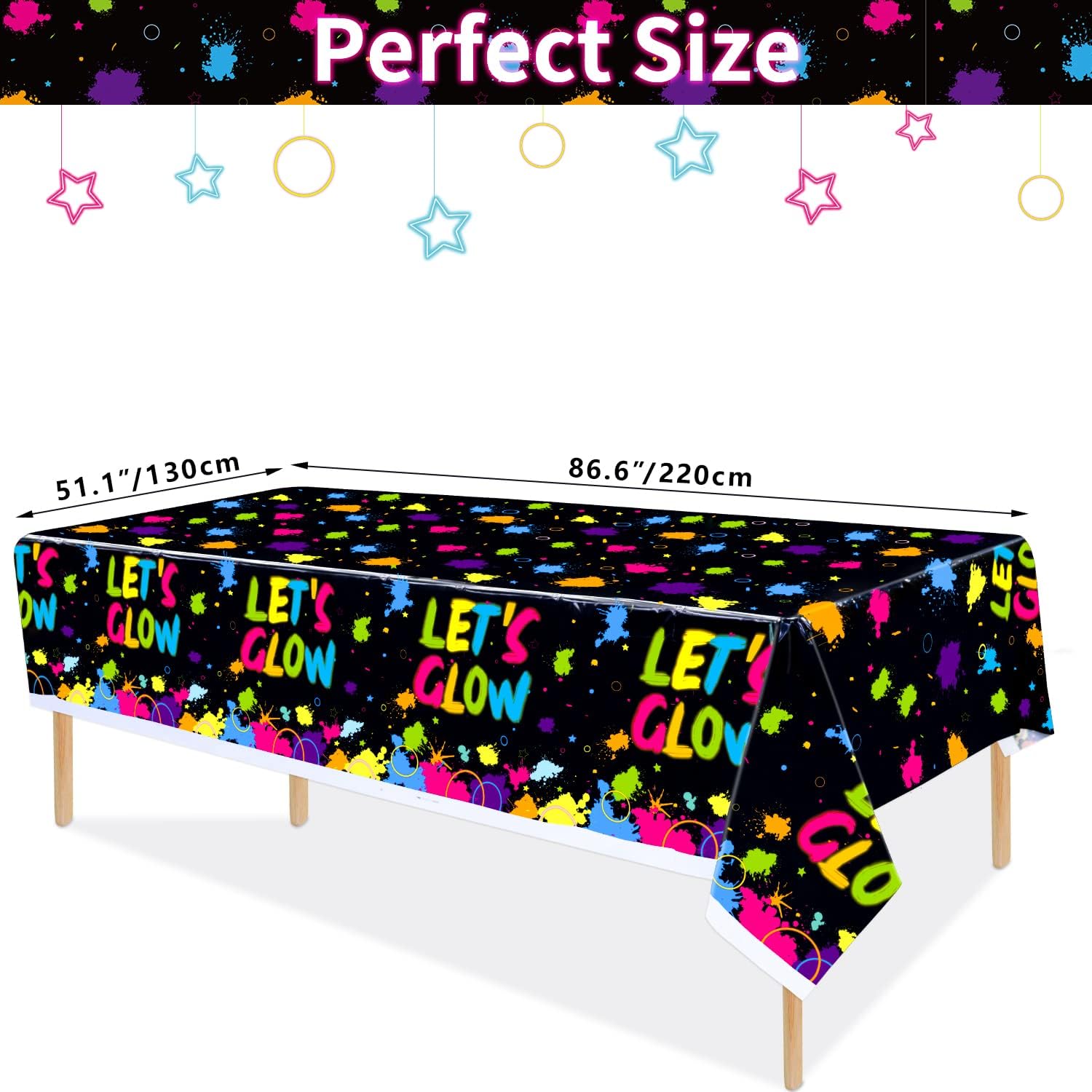 3 Pack Glow Neon Party Tablecloths Supplies - Let's Glow Plastic Birthday Table Cover, Neon Rectangle All Over Print Table Cloth for Black Light Party Decorations, 51"x86.6"