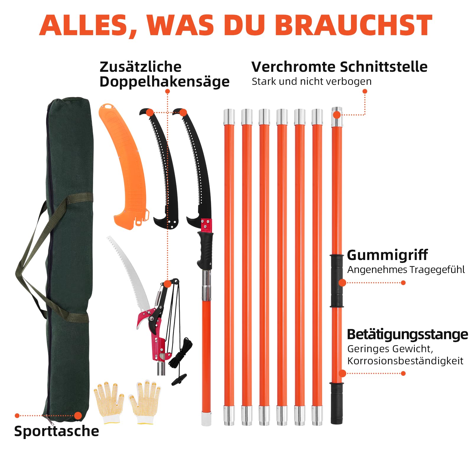 Astsäge mit Teleskopstiel 8m Höhenverstellbar 2,24m-8,24m Astsäge Teleskop Klinge aus Kohlenstoffstahl mit Tragetasche und 2 Sägeblätter Handsäge Stangensäge Handstielsäge Gartengeräte-Set (A)