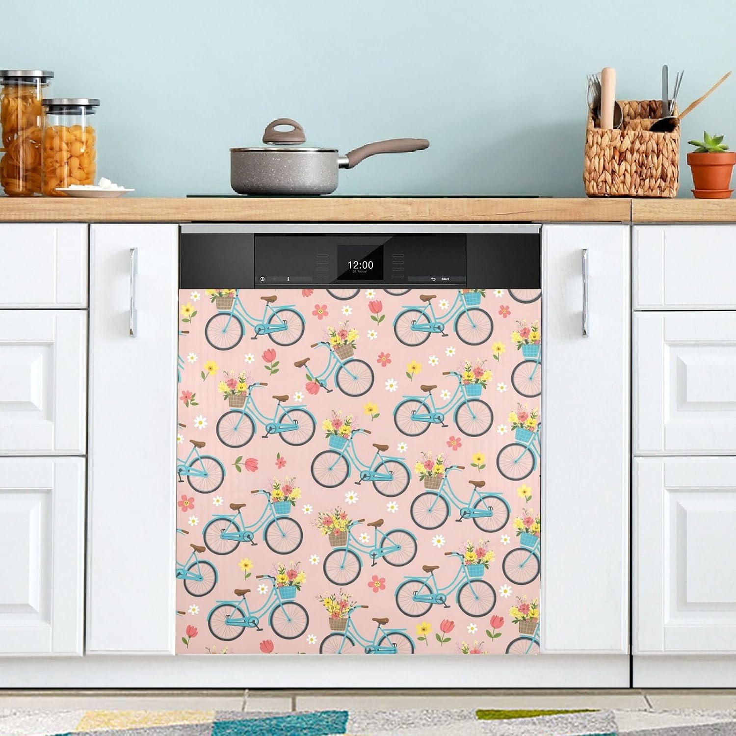 QUGRL Blue Bicycles Flowers Dishwasher Magnet Cover Front Door Pink Background Decorative Refrigerator Covers Magnetic Sheet Sticker Wash Machine Fridge Panel Decal for Kitchen Appliance 23x26 in