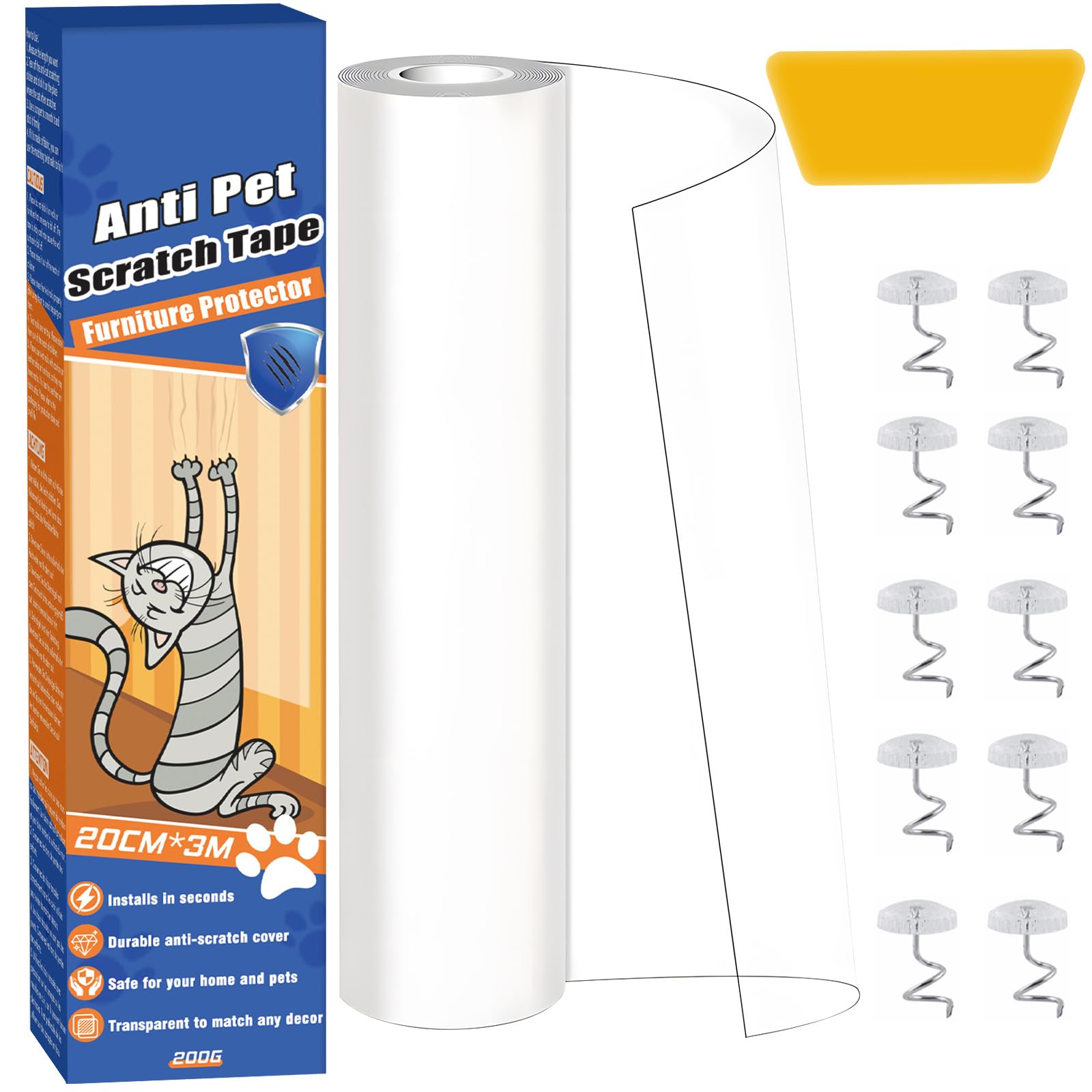 Cat Anti Scratch Tape, Traceless Sofa Protectors from Pets, Wear-resistant Anti Scratch Furniture Protector to Stop Cats Scratching Furniture, Transparent Door Protector for Carpet, Couch (300cm*20cm)