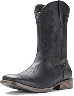 IUV Men's Wide Square Toe Cowboy Boots - Retro Western Embroidered Pull-On Slip-Resistant Boots