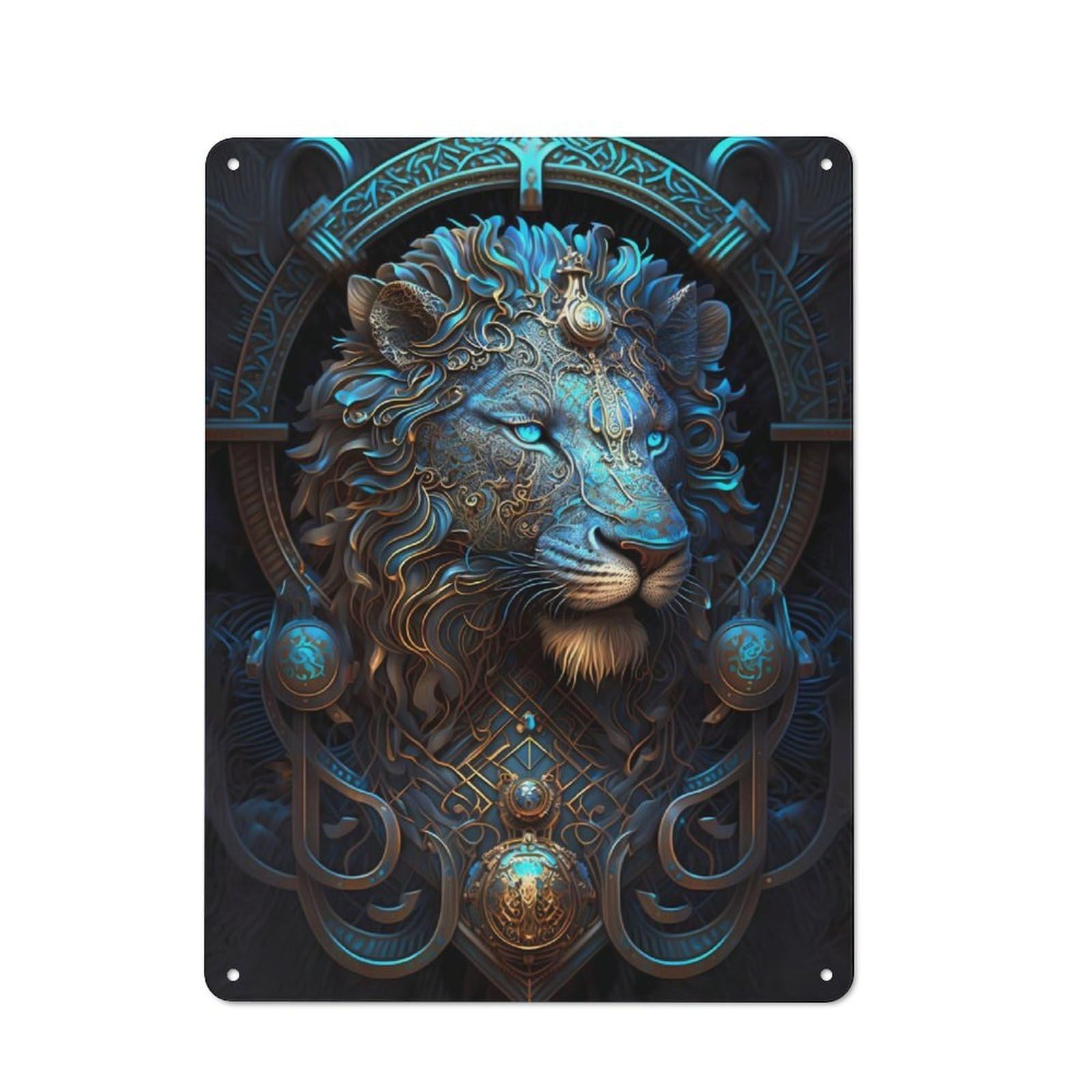Junmoney Mystical Cosmic Blue Lion Rustic Metal Sign 40X30cm For Hallway Wall, For Collectors Of Rustic Metal Wall Decor