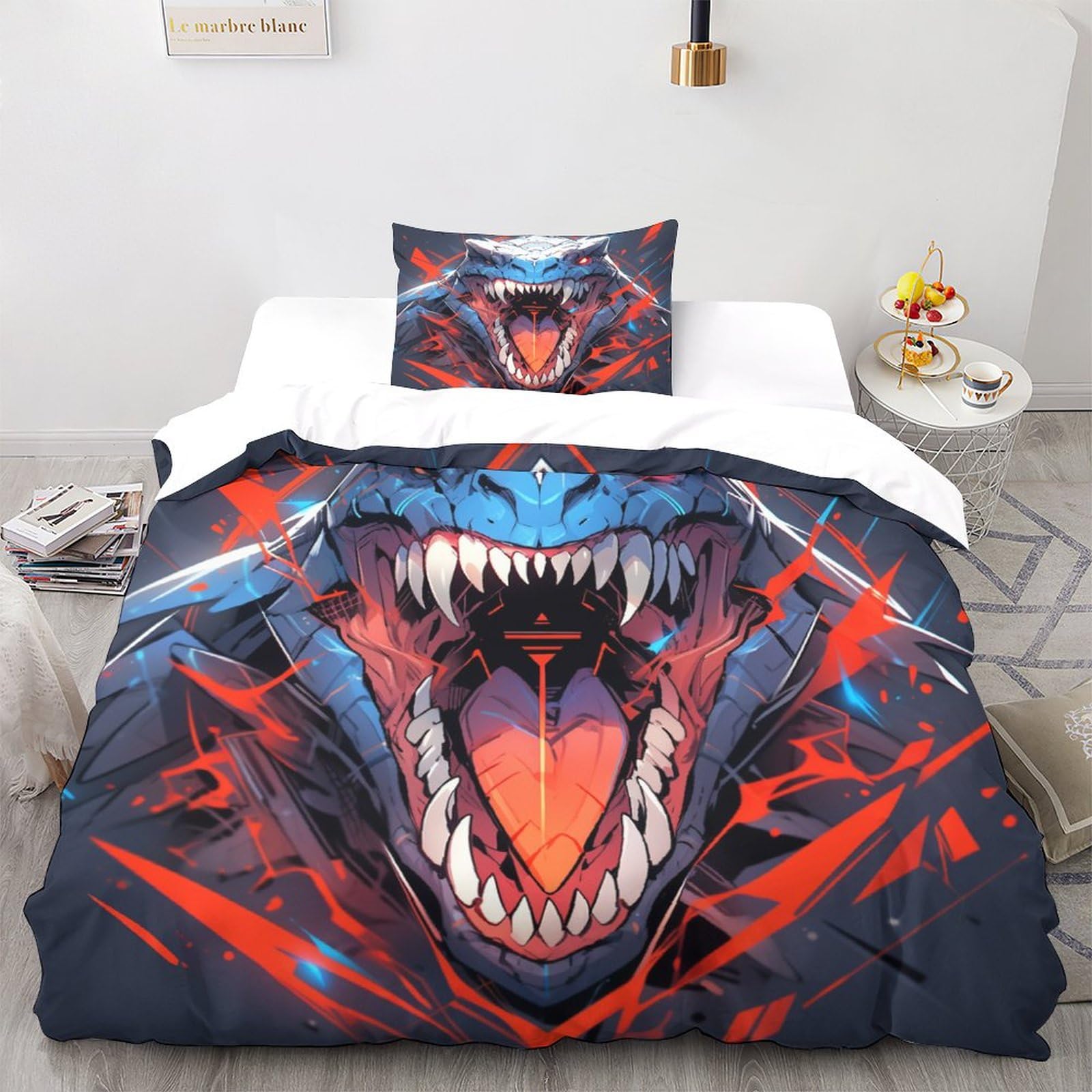 Housse de couette dinosaure T-Rex 135x200 cm avec taie d'oreiller en microfibre respirante