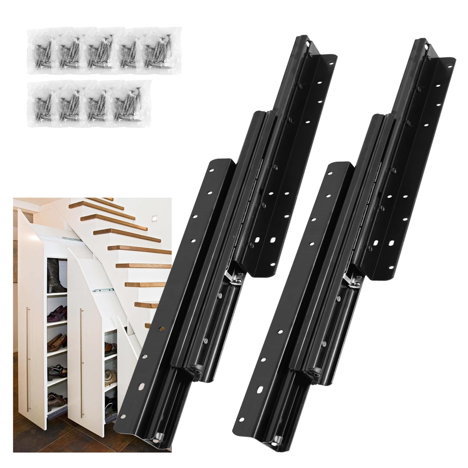 Lot de 2 glissières pour charges lourdes - Montage au sol - 1000 mm - 2250 mm - Glissières de tiroir avec roulement à billes - Pour escaliers, armoires murales et armoires - 120 kg