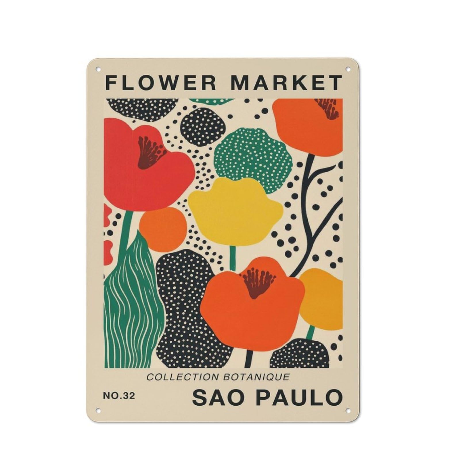 Junmoney Style-24 Metal Plaque With Sao Paulo Flower Market Print Design 40X30cm, Retro Kitchen Wall Decor For Bakery, Diner, Cafe Or Family Room