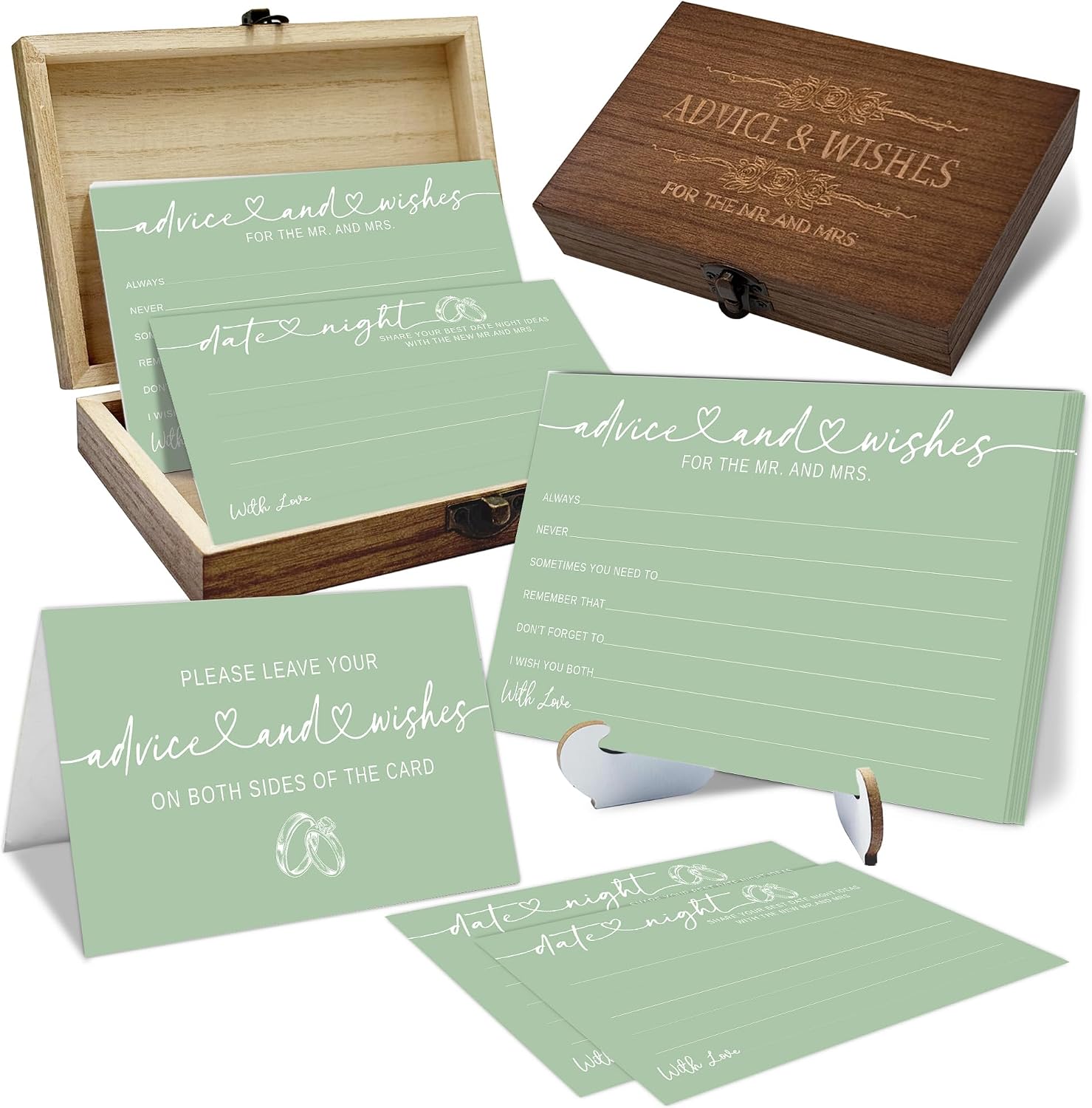 Minimalism Advice And Wishes For The Mr And Mrs - Sage Green Wedding Advice Cards For Bridal Shower Decorations, Well Wishes For The Groom And Bride Box, Wedding Table Decoration