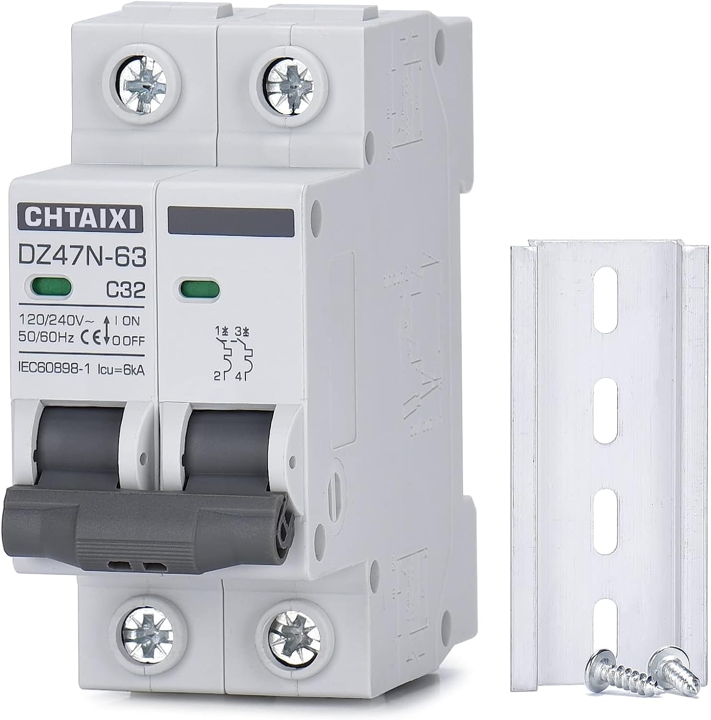 Heiko AC Miniature Circuit Breaker Panel, 2 Pole DIN Rail Mount Circuit Breaker 32 Amp 120V/240V, Solar AC Disconnect Switch, Thermal Magnetic Trip Blue