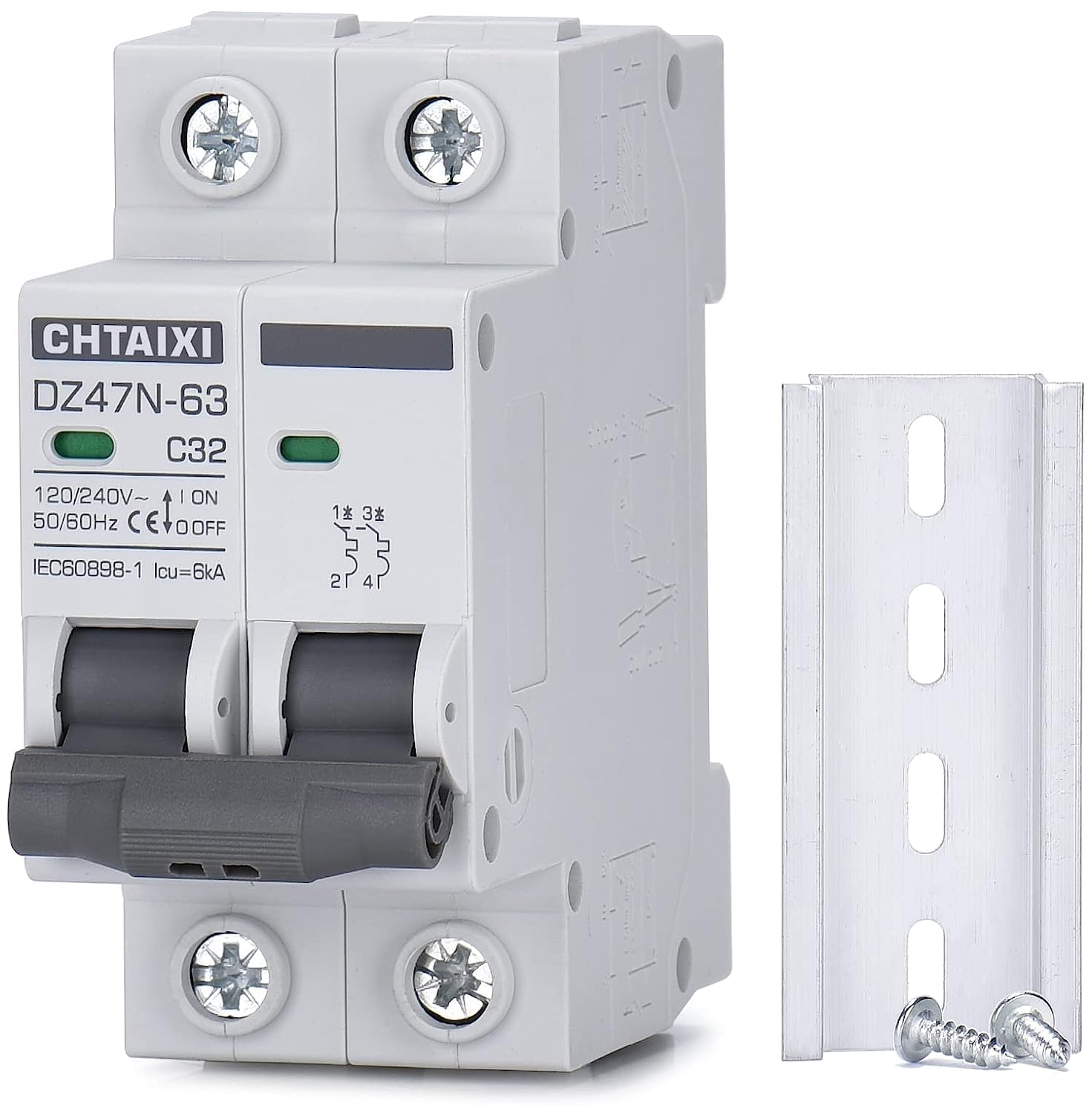 Heiko AC Miniature Circuit Breaker Panel, 2 Pole DIN Rail Mount Circuit Breaker 32 Amp 120V/240V, Solar AC Disconnect Switch, Thermal Magnetic Trip Blue