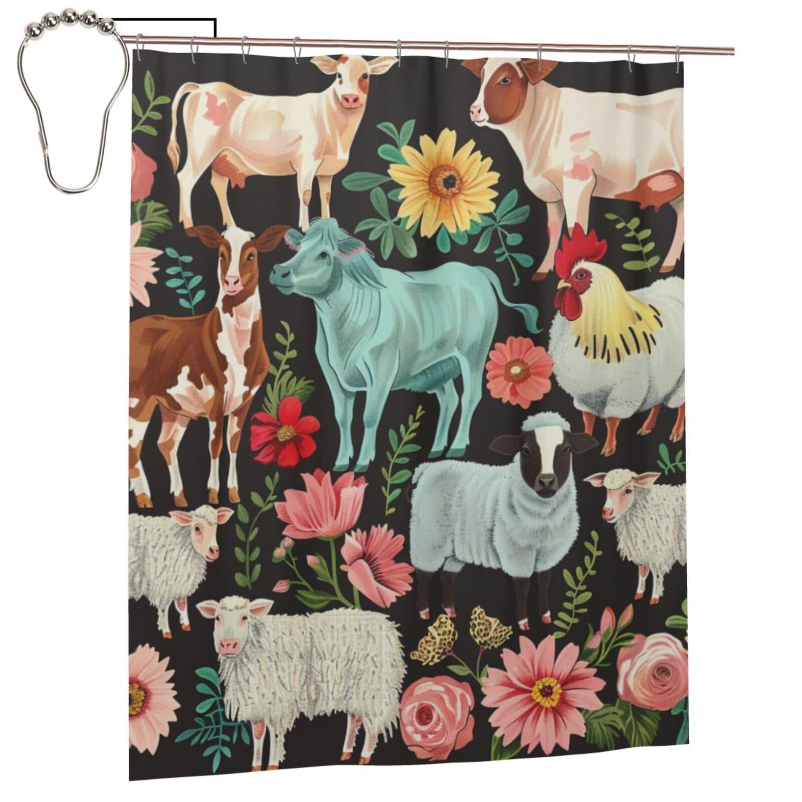BWWHCCTI Farm Animal Printed Shower Curtain With 12 Iron Hooks Opaque Quick Drying Waterproof Shower Curtains Sets For Bathroom 152x183 Cm