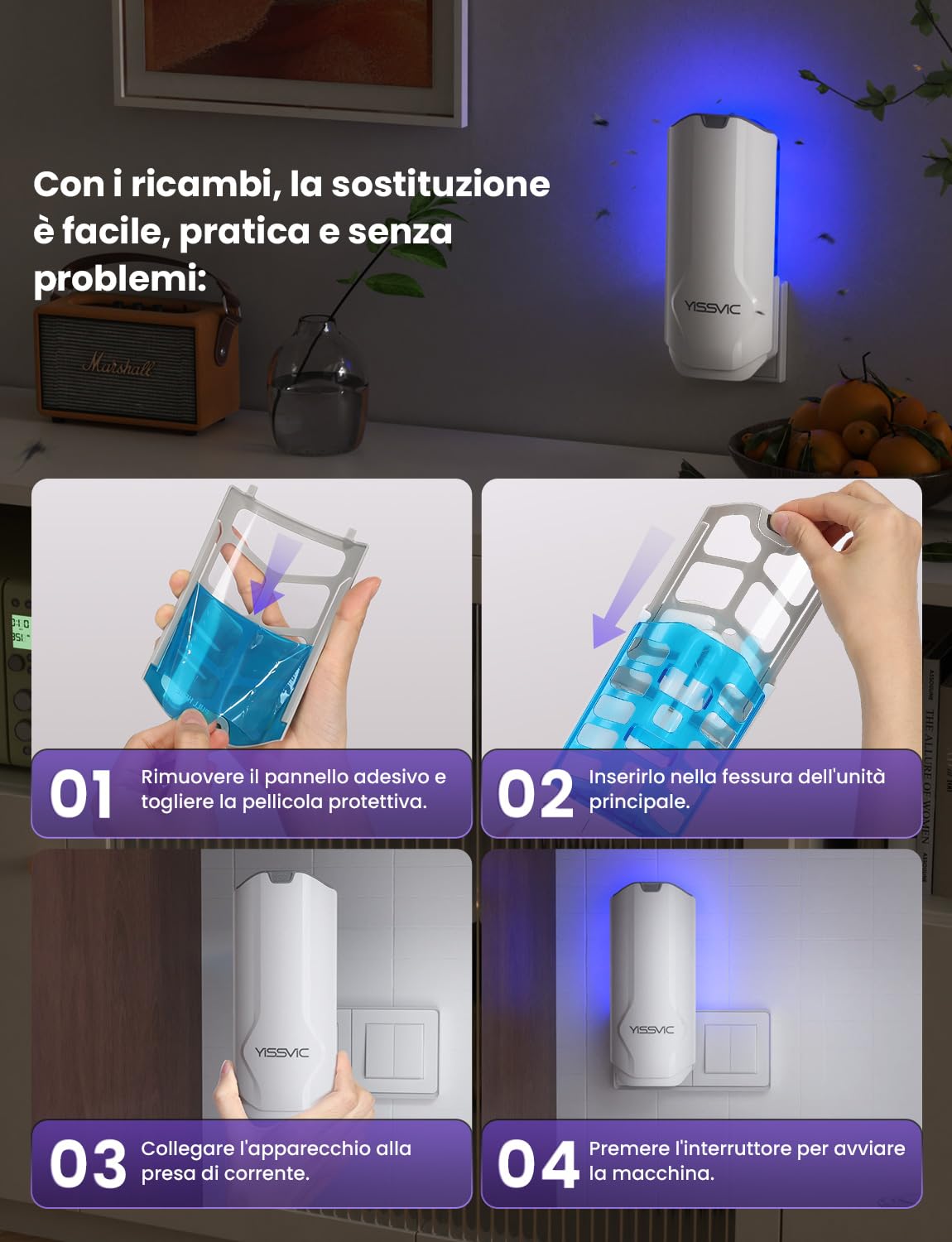 YISSVIC Trappola per Mosche della Frutta per Interni con Lampada UV, Confezione da 1 Trappola e 5 Adesivi, Ideale per Cucina, Vicino a Piante e Frutta