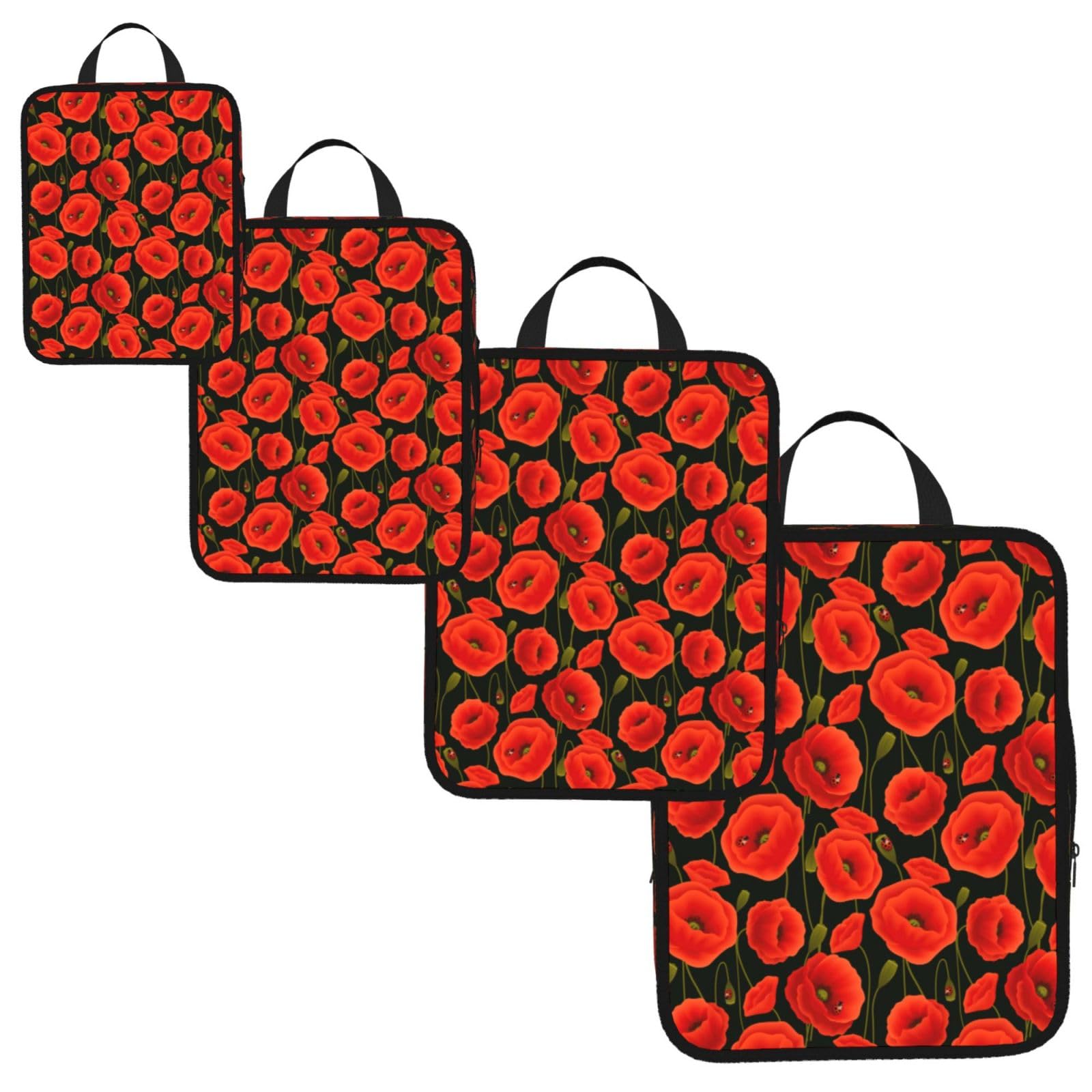 poppy flowers Print 4 Set Compression Packing Cubes for Suitcases,Expandable Storage Bags Organizers