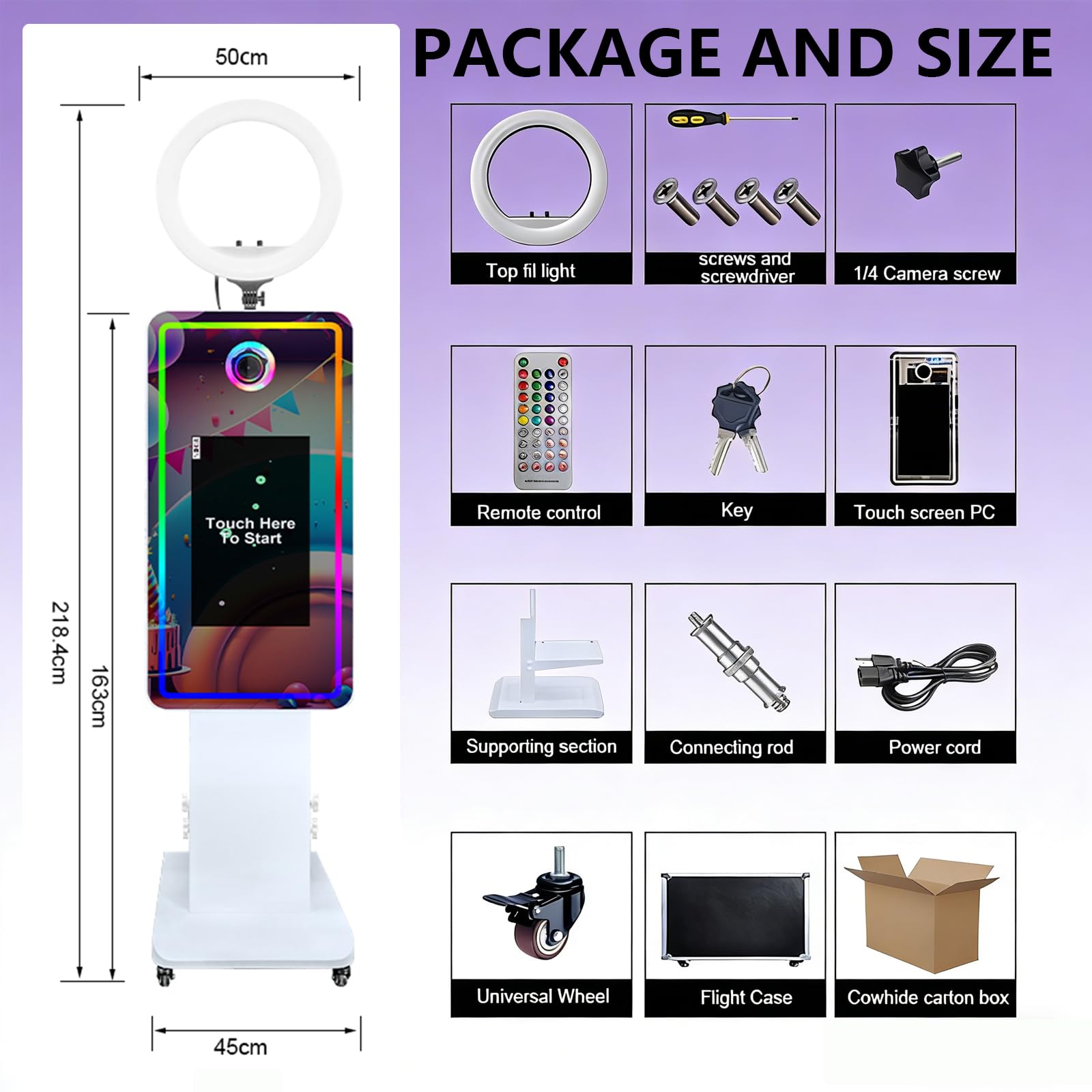 Cabina fotografica a specchio magico con touch screen da 21,5 pollici, macchina fotografica con luce RGB, stampa e condivisione di idee per feste a noleggio (bianco, macchina per foto e foto)
