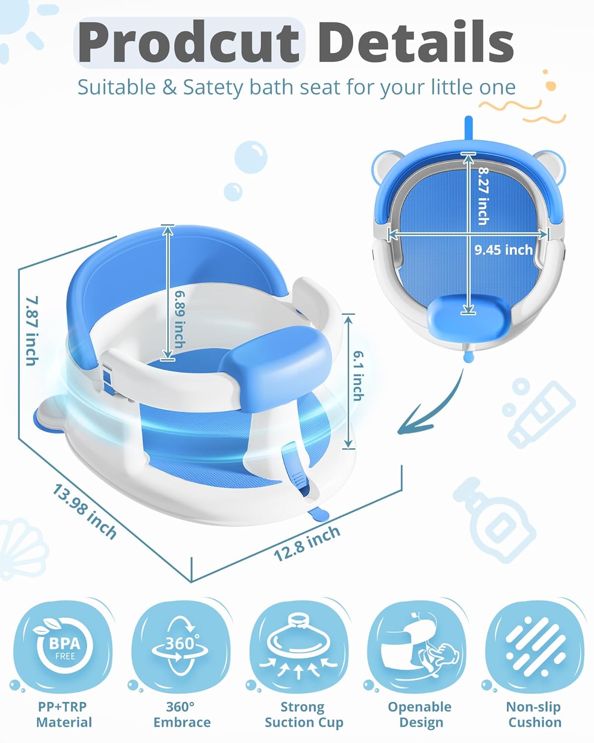Baby Bath Seats for Babies Sitting Up, Non-Slip Baby Bathtub with 3 Suction Cups, Safe & Comfortable Toddler Bath Seat Ideal for Baby Bath/Shower Support, Stable Design, Blue (6-24 Months)