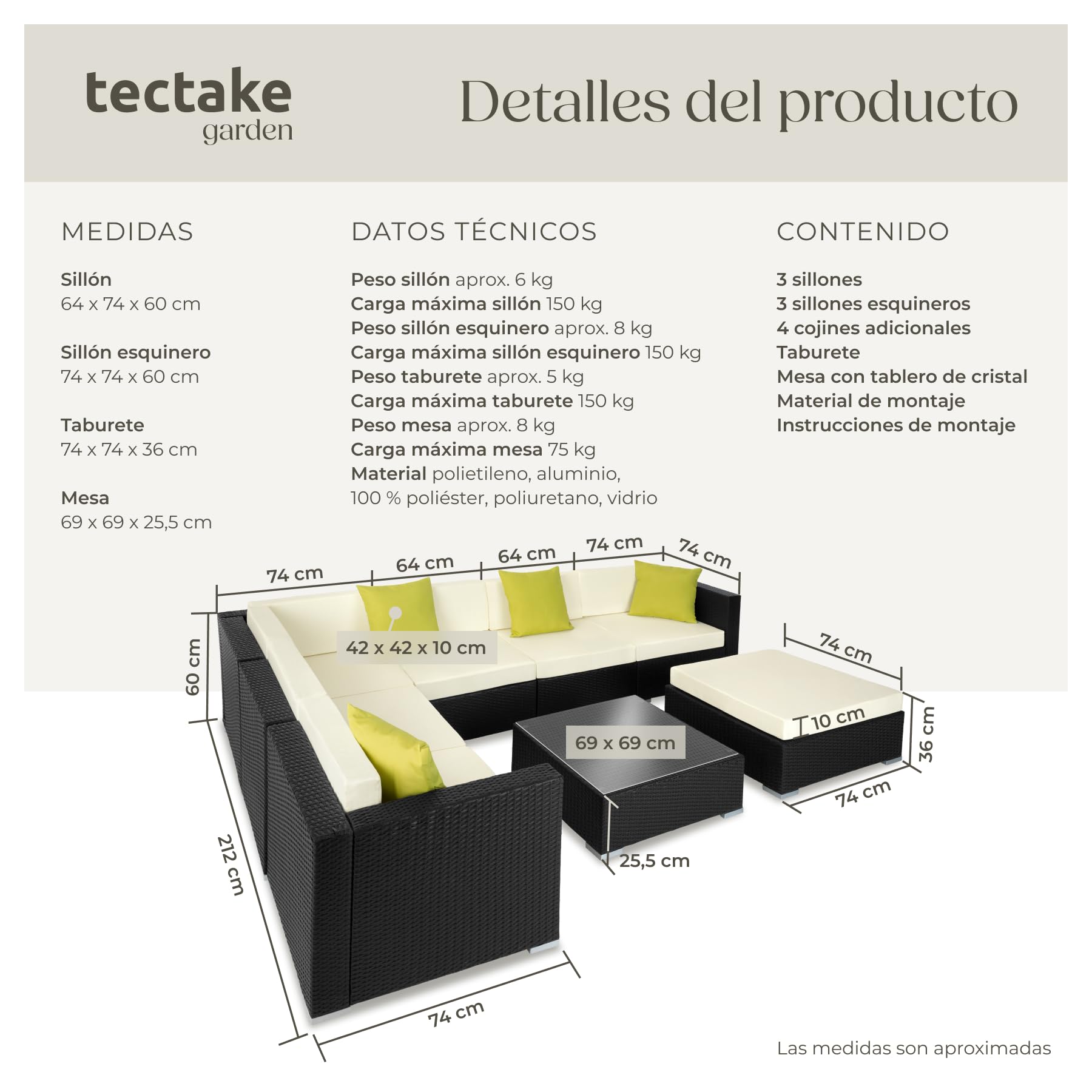 tectake® Conjunto Jardín de Ratán y Aluminio con Cojines (+4 Adicionales), Conjunto Terraza Resistente a la Intemperie y Combinable, Muebles Jardín Exterior 6 Sillones, 1 Puf, 1 Mesa Cristal - Negro